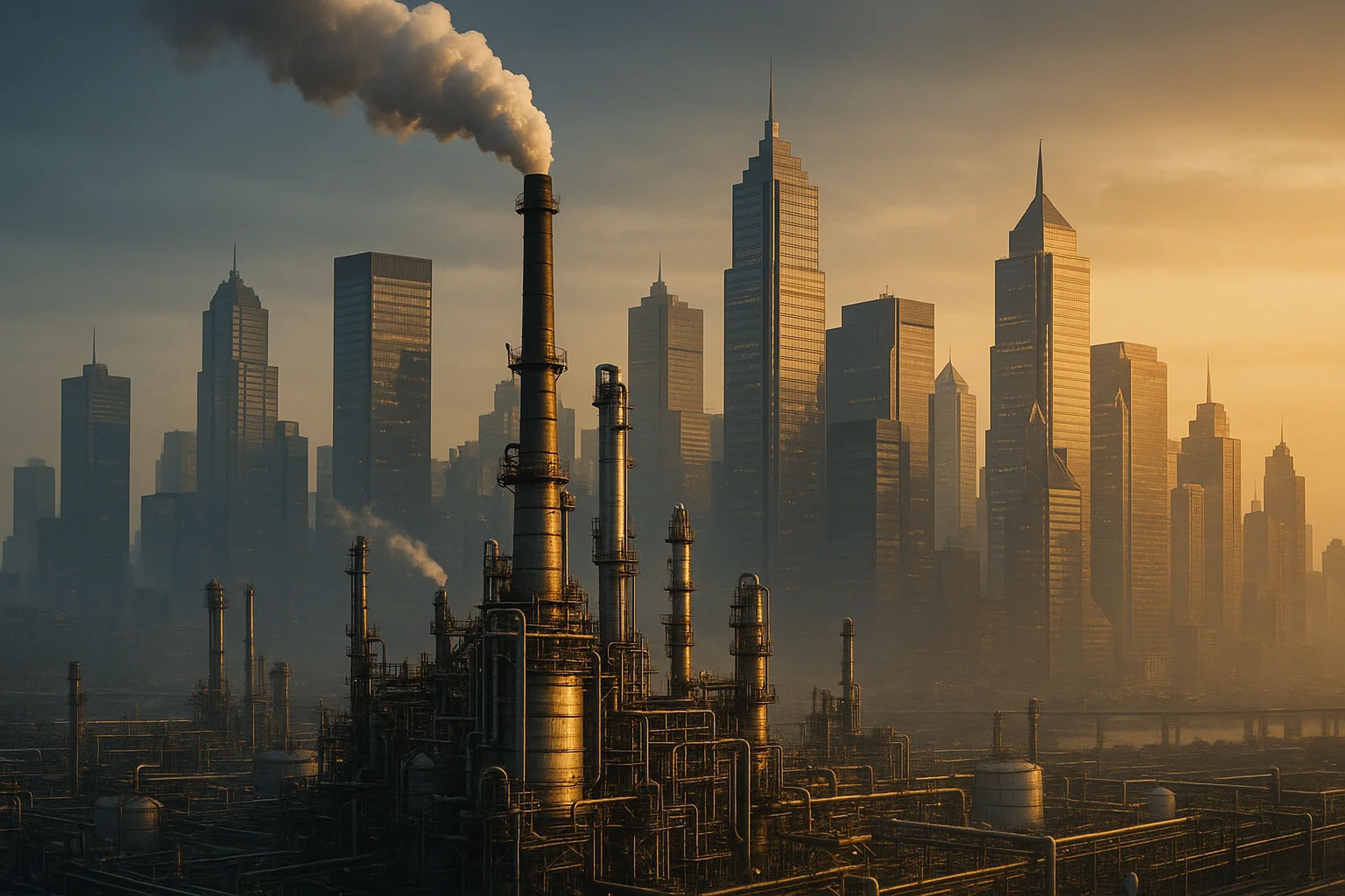 Industrial skyline with smokestacks and