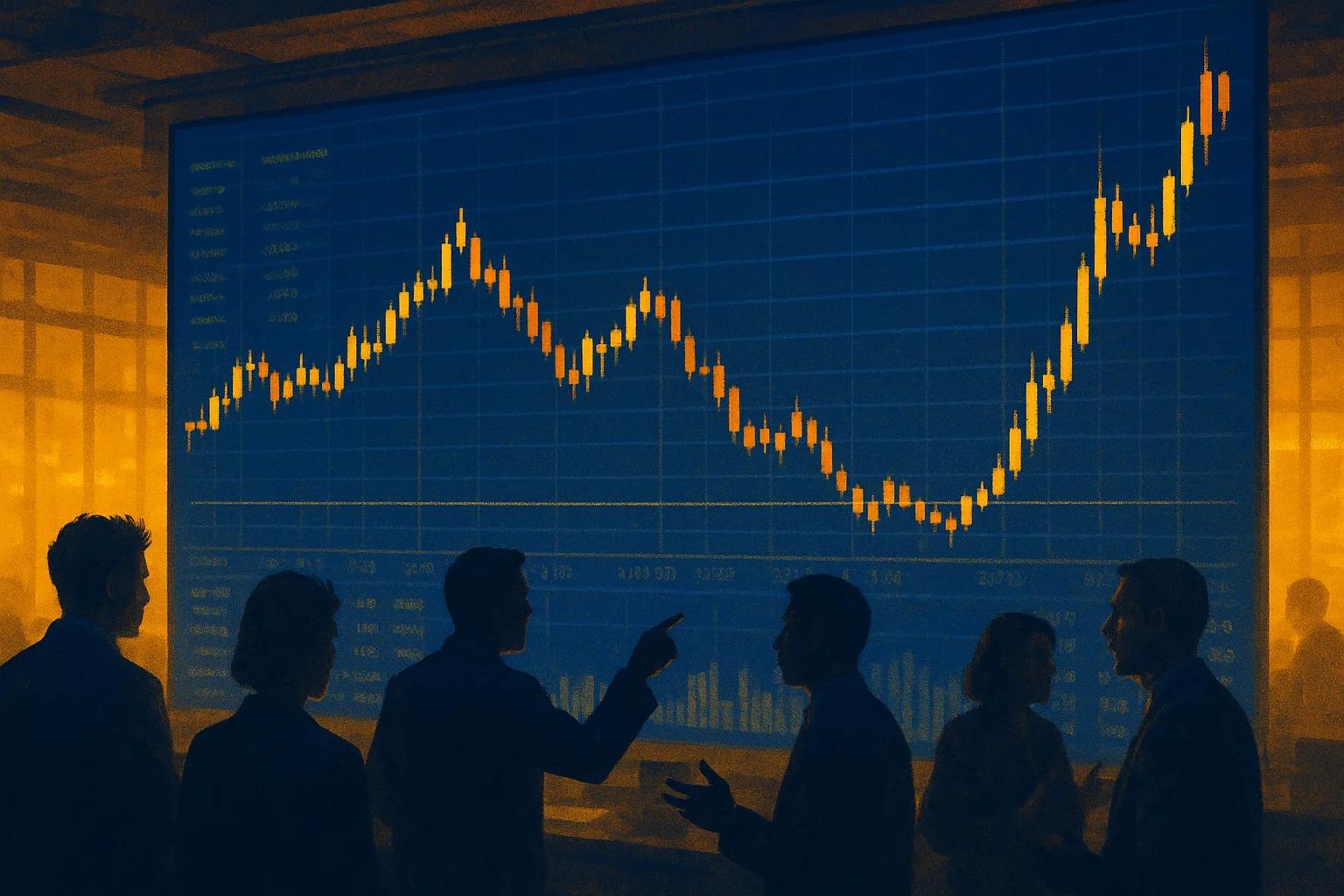 Silhouettes of people discussing a rising stock