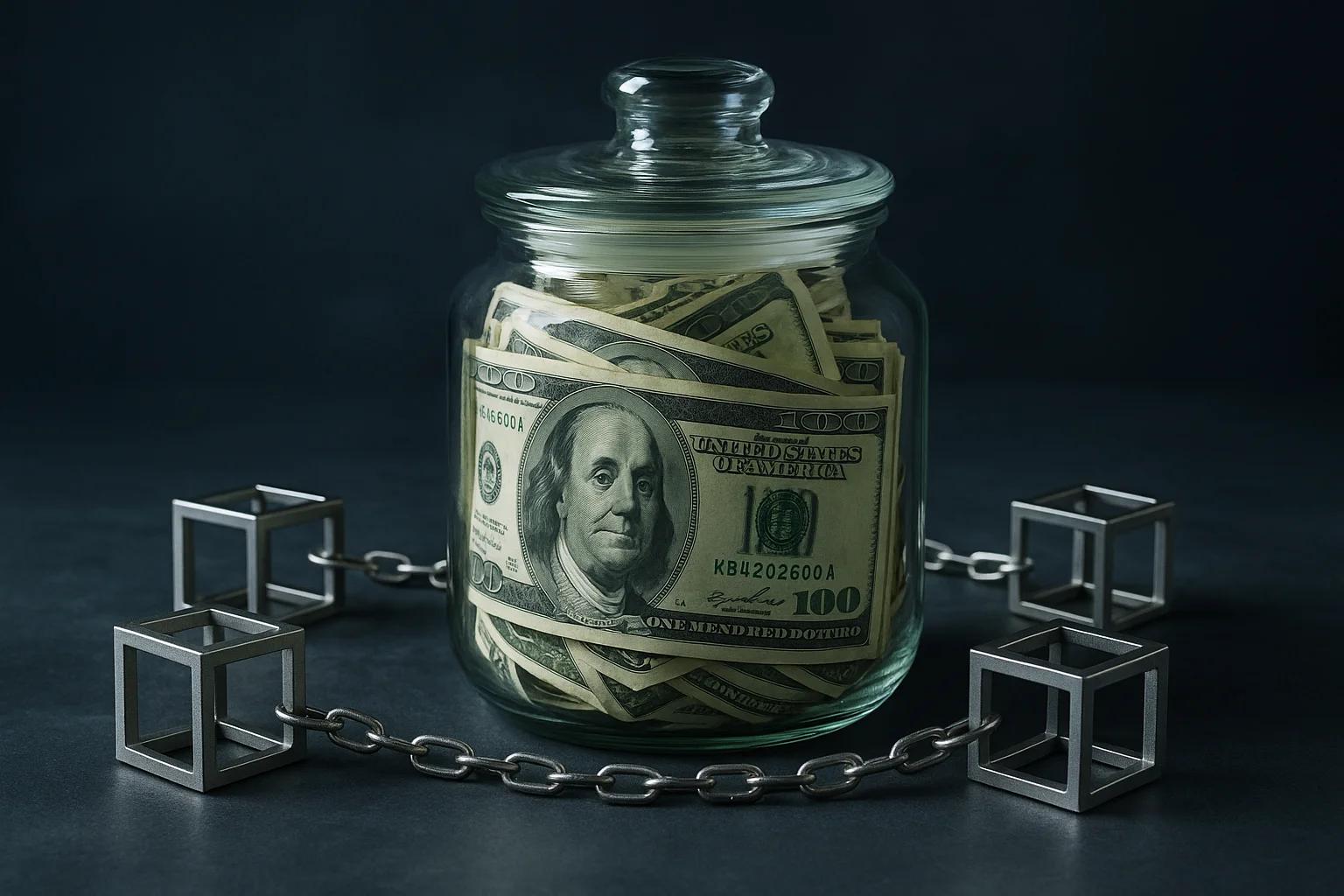 A glass jar filled with cash, surrounded by chains