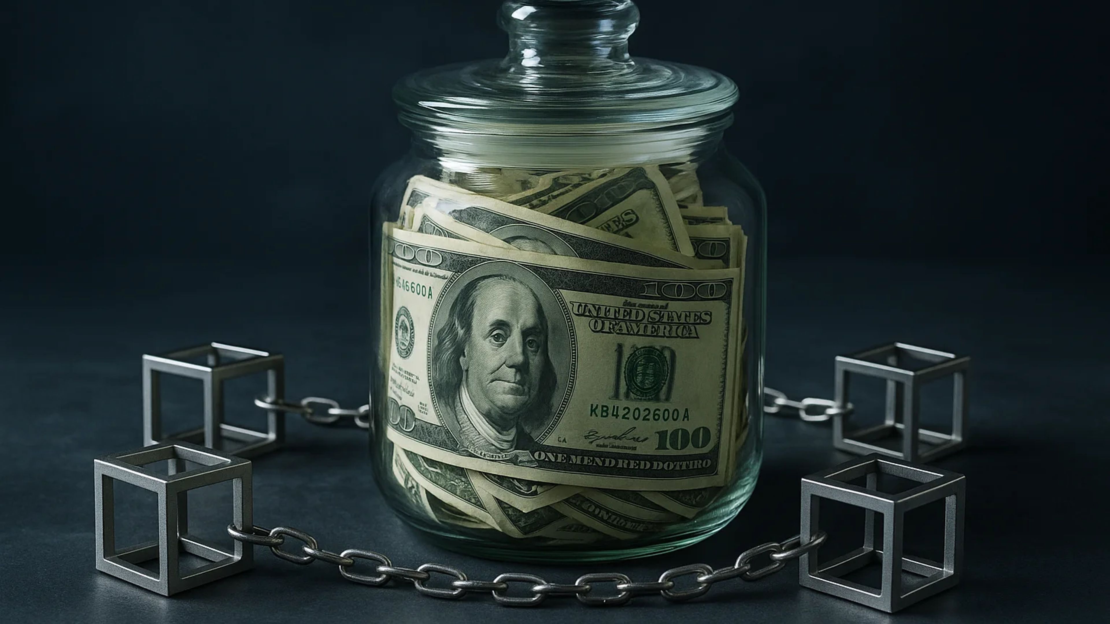 A glass jar filled with cash, surrounded by chains