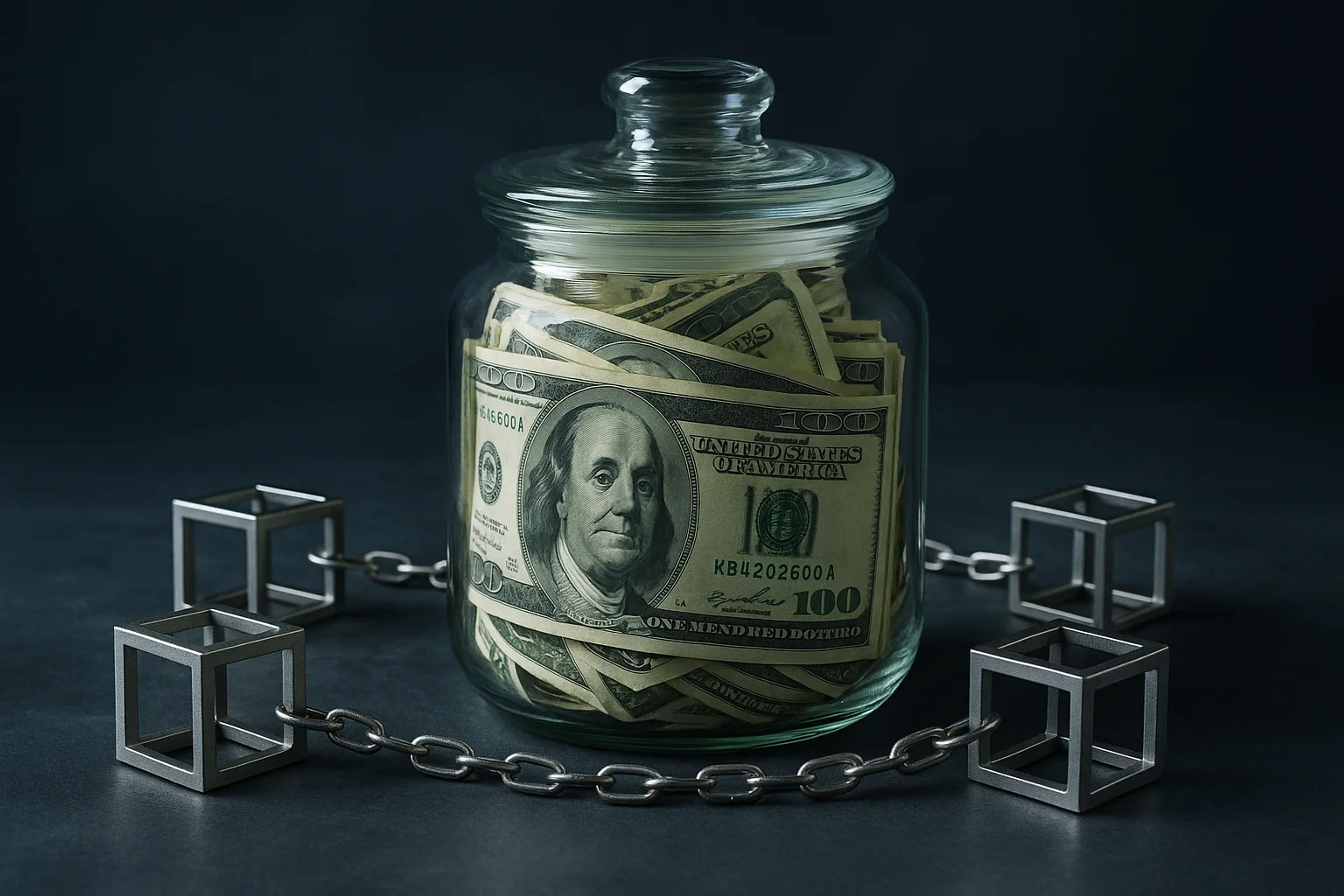 A glass jar filled with cash, surrounded by chains