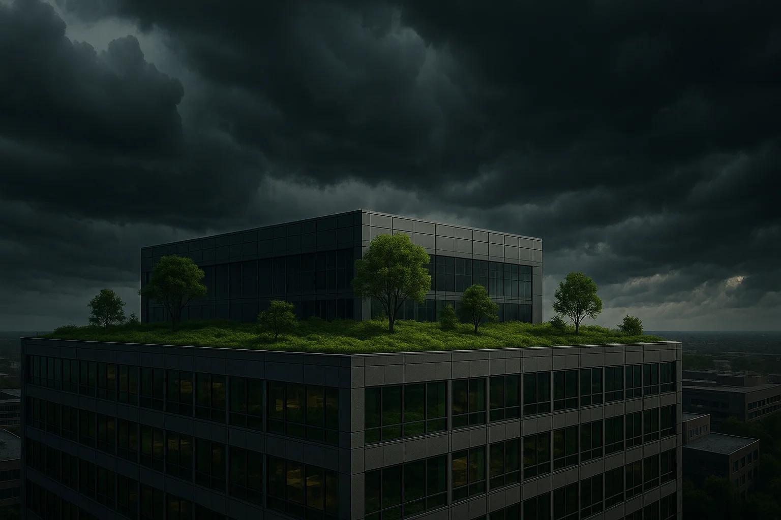 A modern building with a green rooftop garden