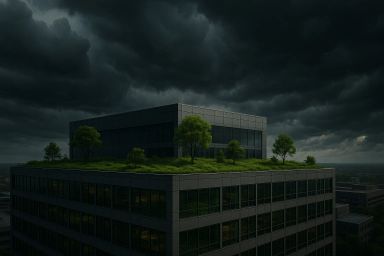 A modern building with a green rooftop garden