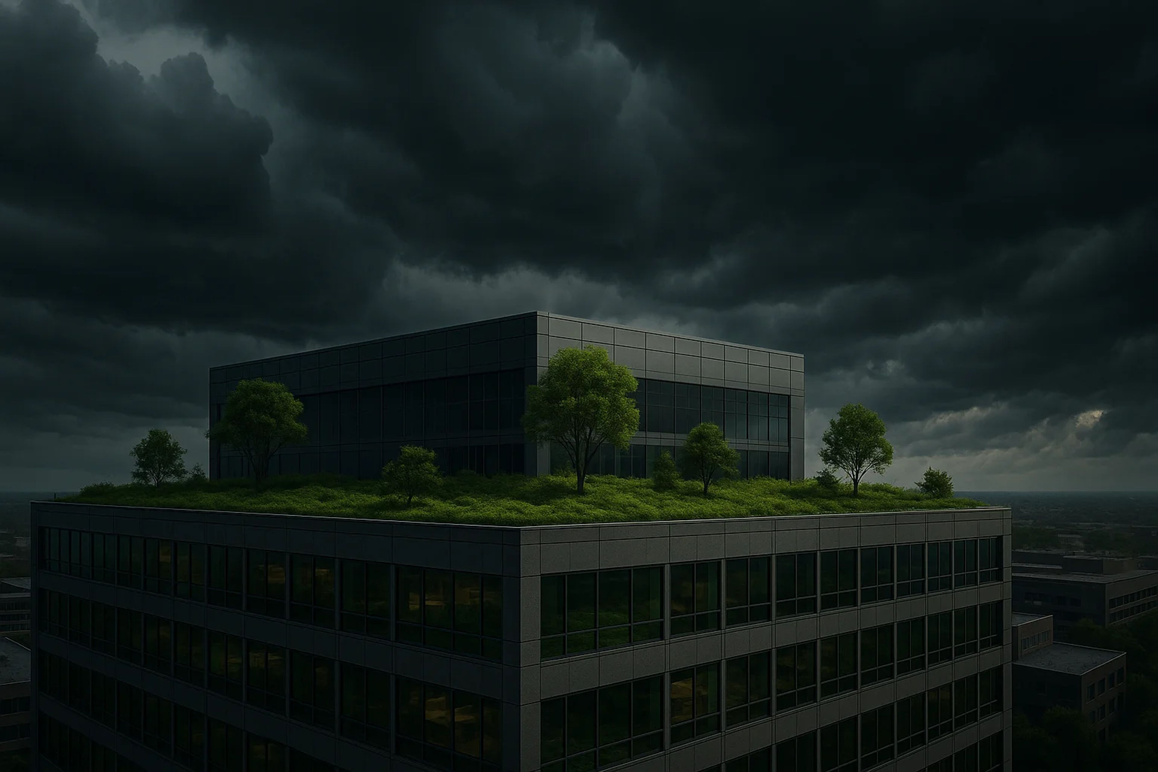 A modern building with a green rooftop garden