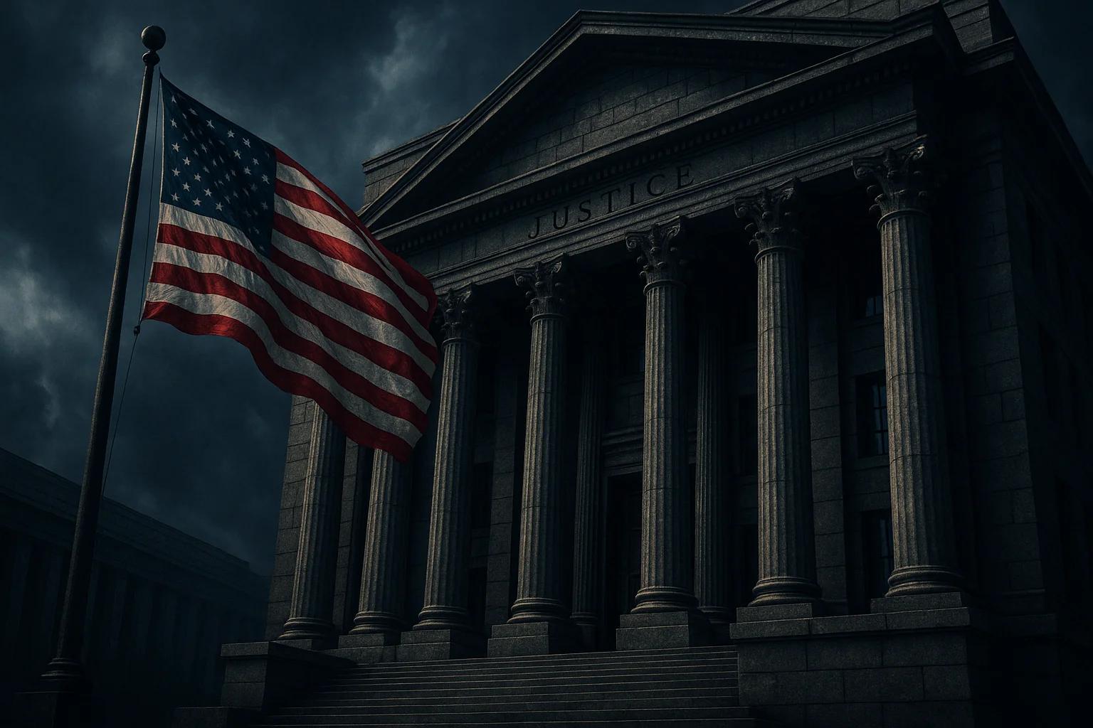 A dark, moody scene of a courthouse with columns