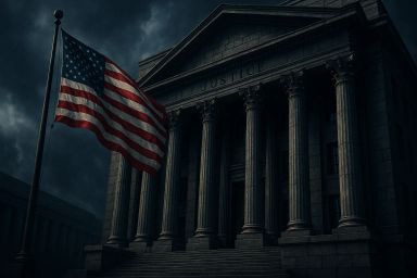 A dark, moody scene of a courthouse with columns