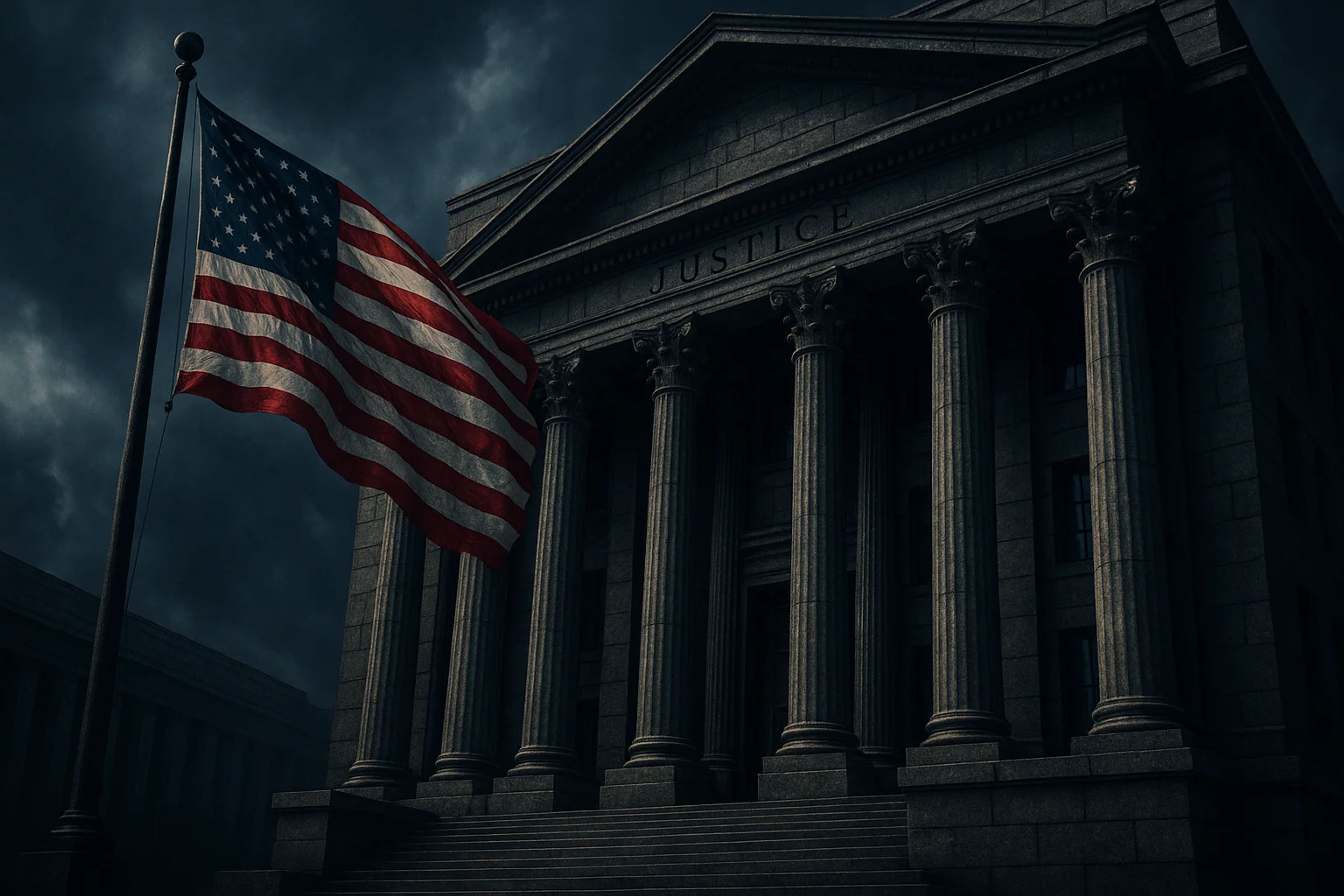 A dark, moody scene of a courthouse with columns