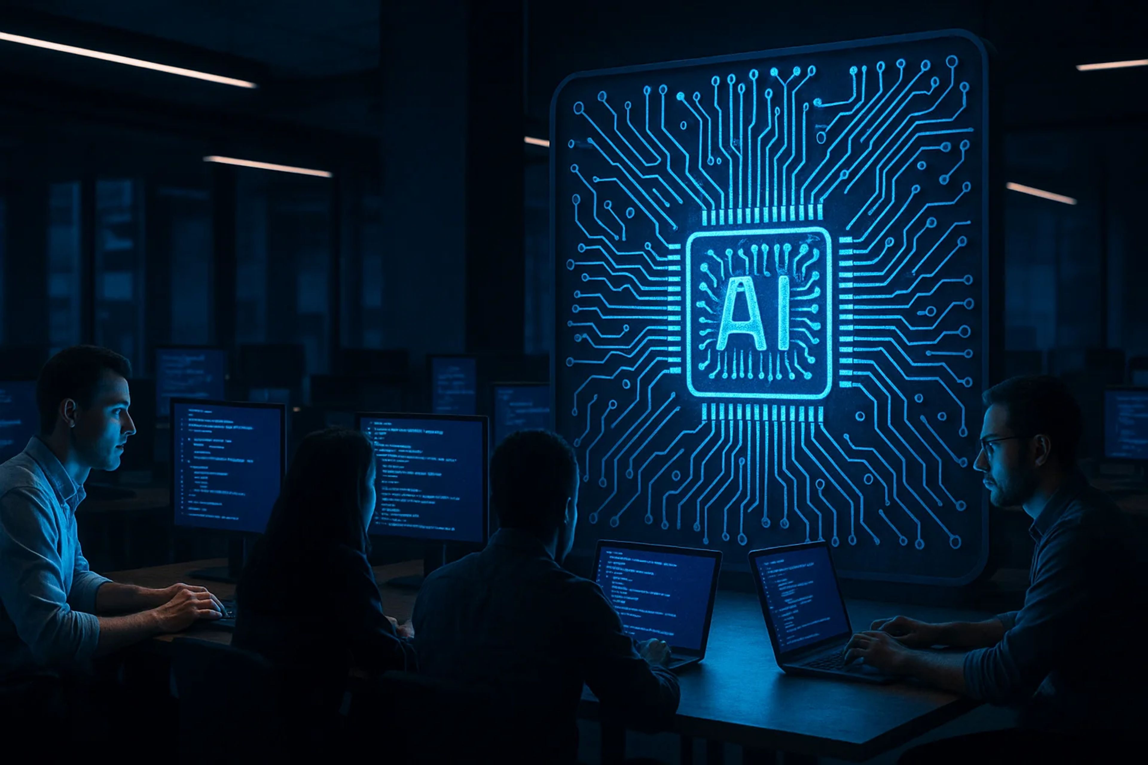 Four individuals working at computers in a dimly