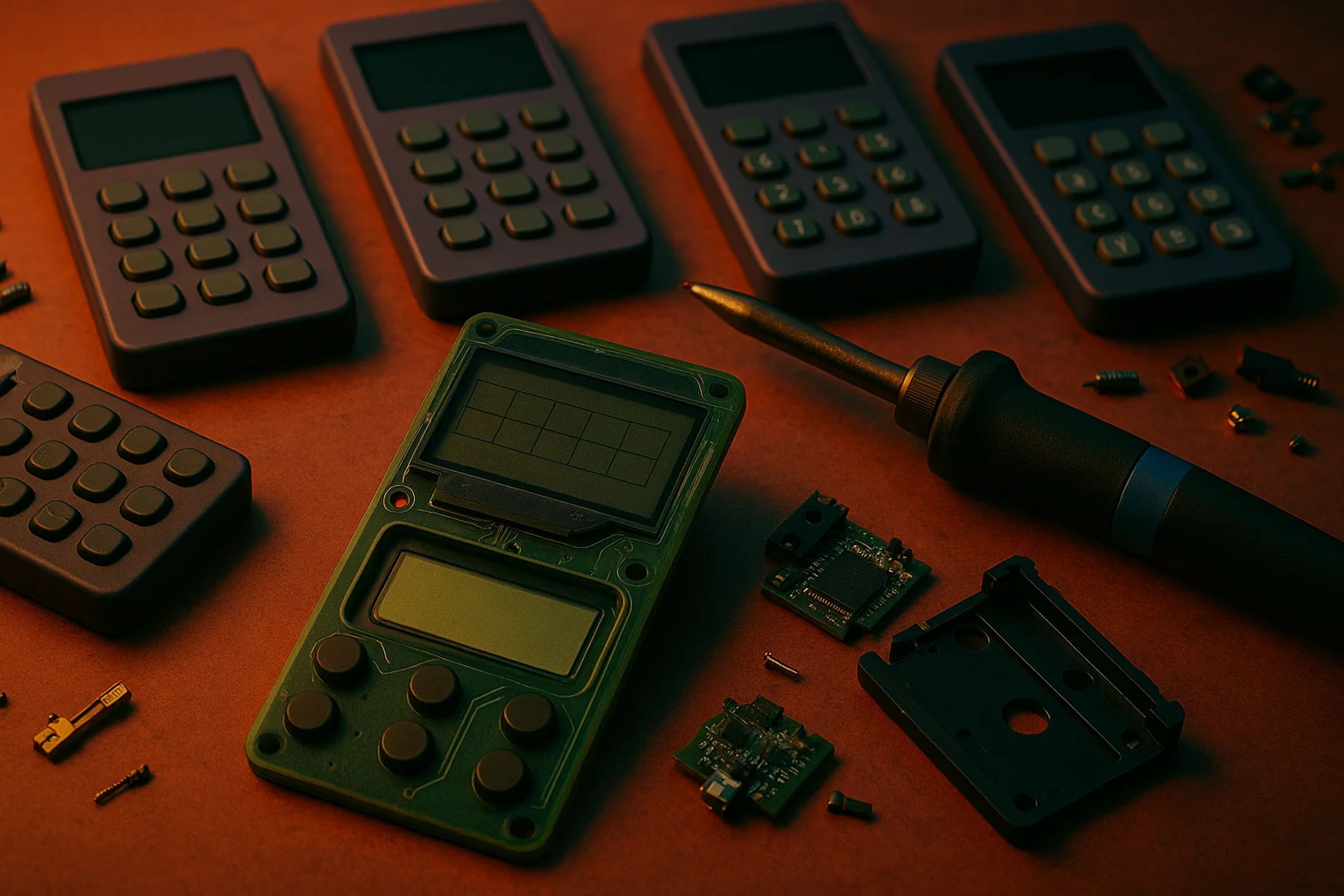 Various electronic components and tools on a