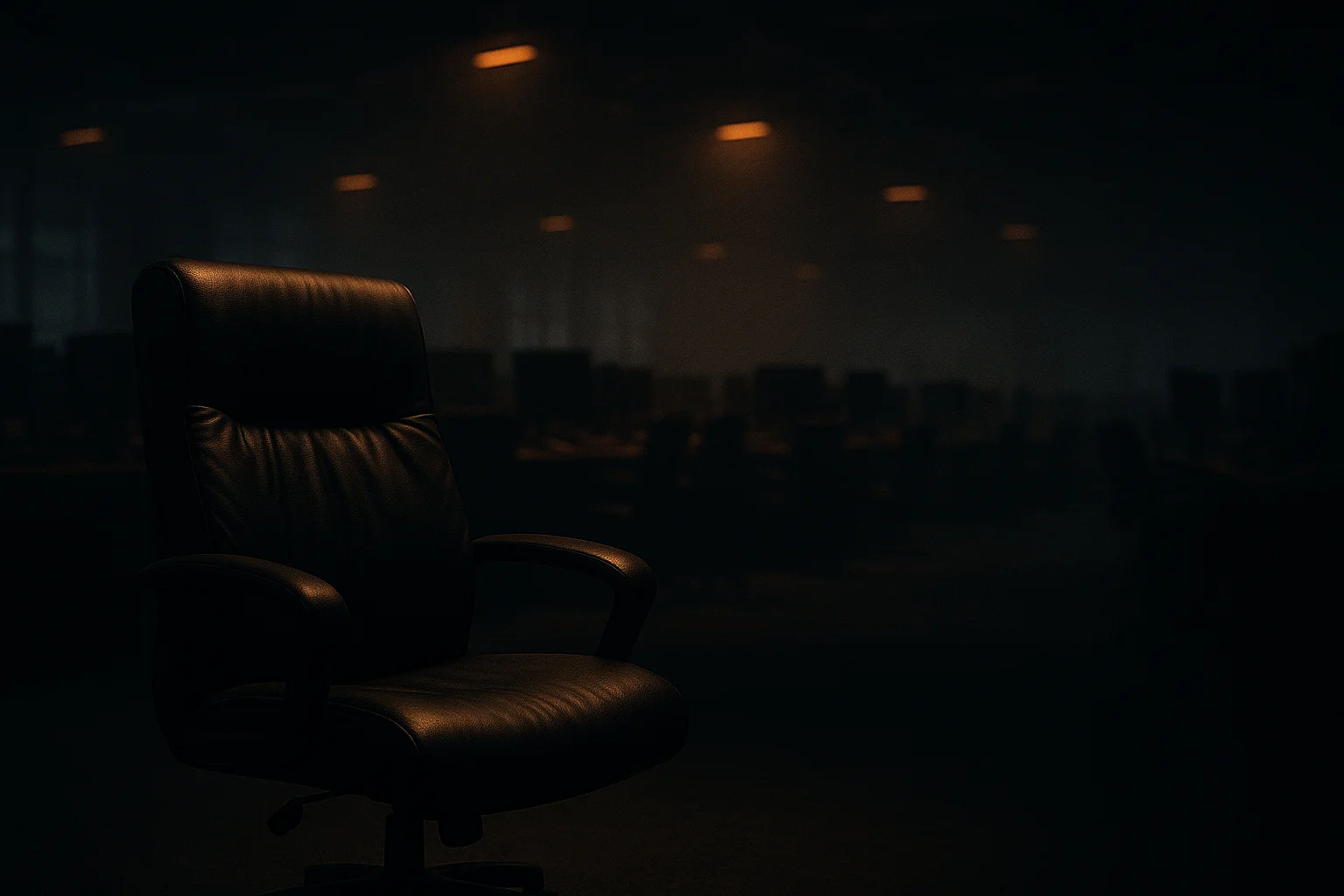 A single black office chair in a dimly lit room