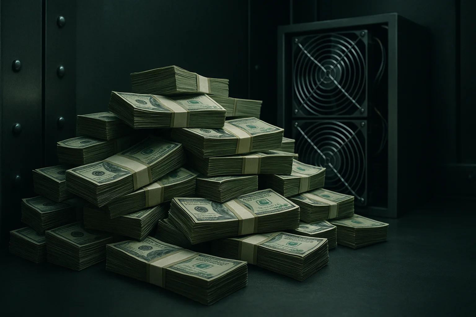 Stacks of cash piled next to a cooling fan