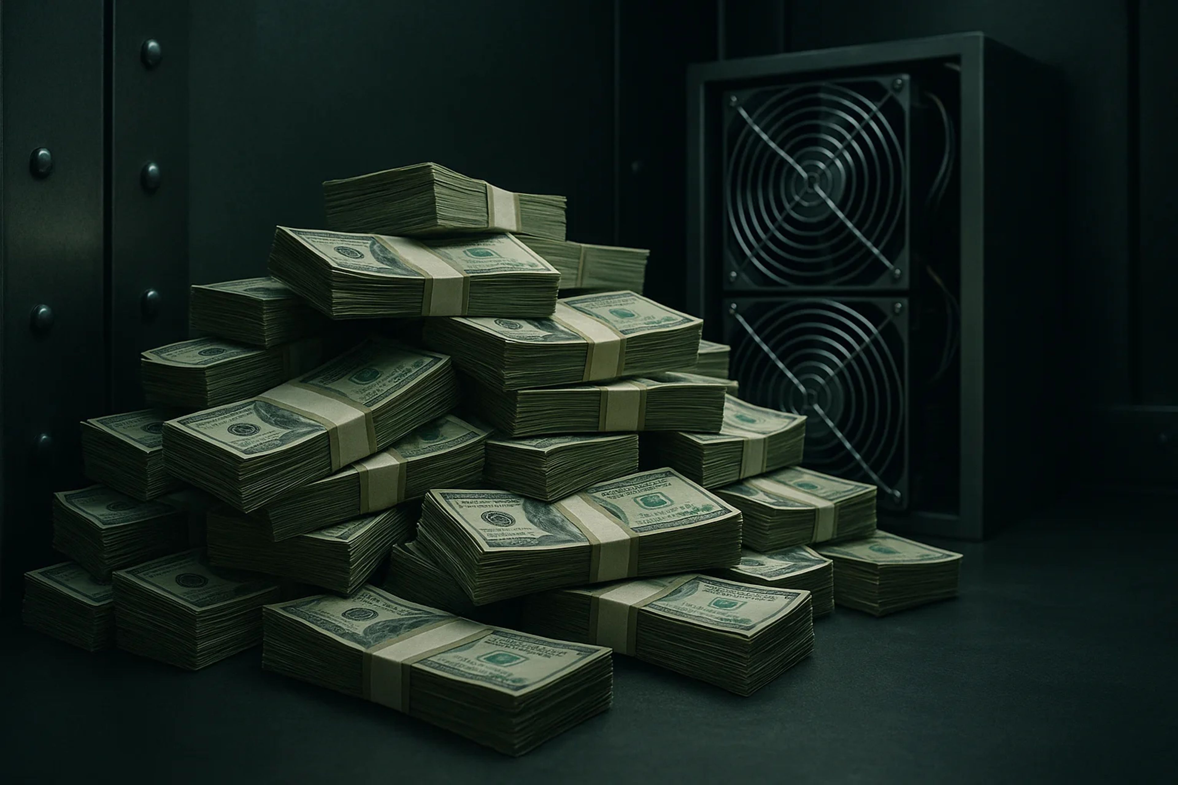 Stacks of cash piled next to a cooling fan
