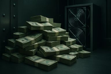 Stacks of cash piled next to a cooling fan
