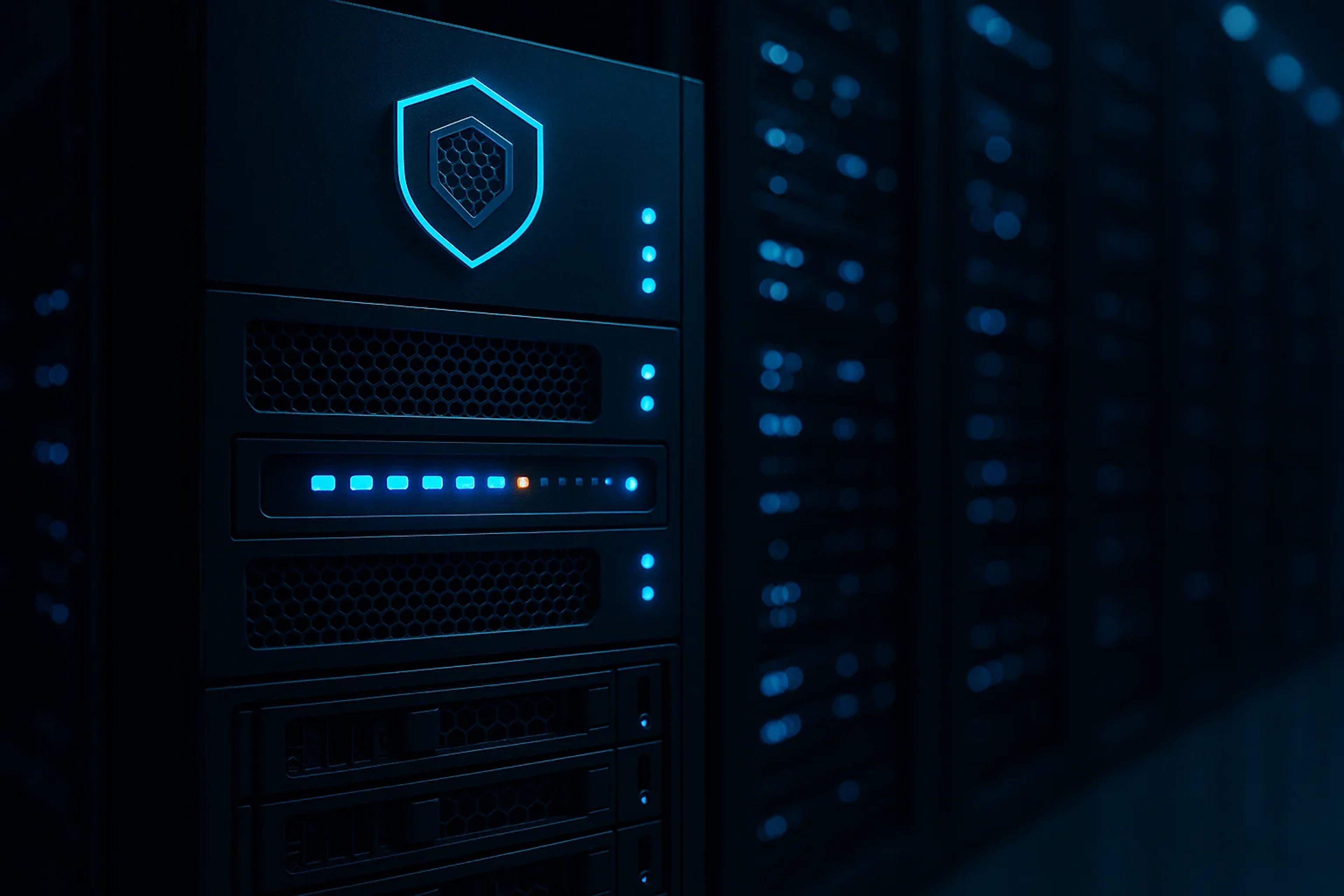 Close-up of a dark server rack with blue lights