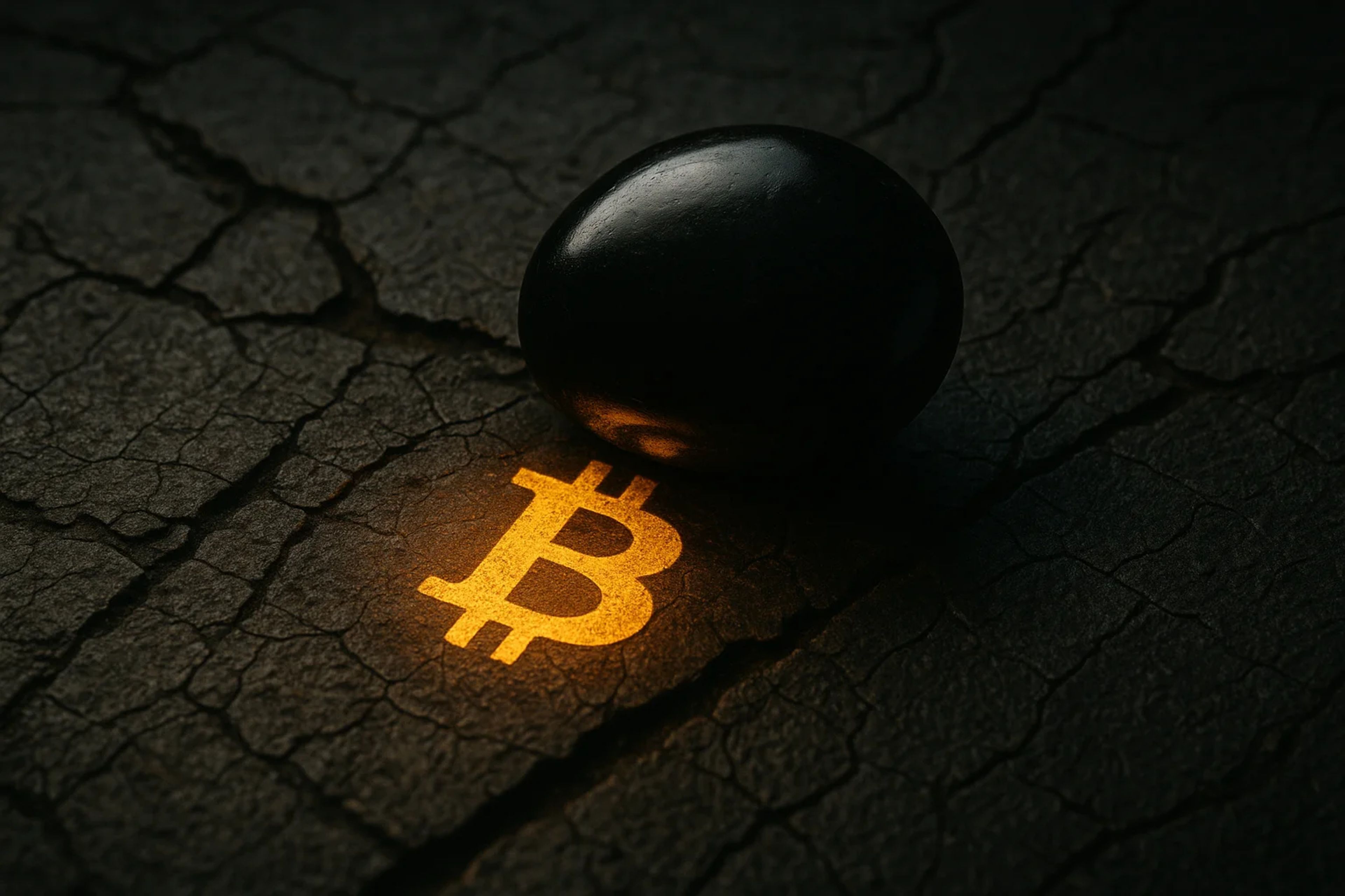 A black stone on cracked earth with a glowing