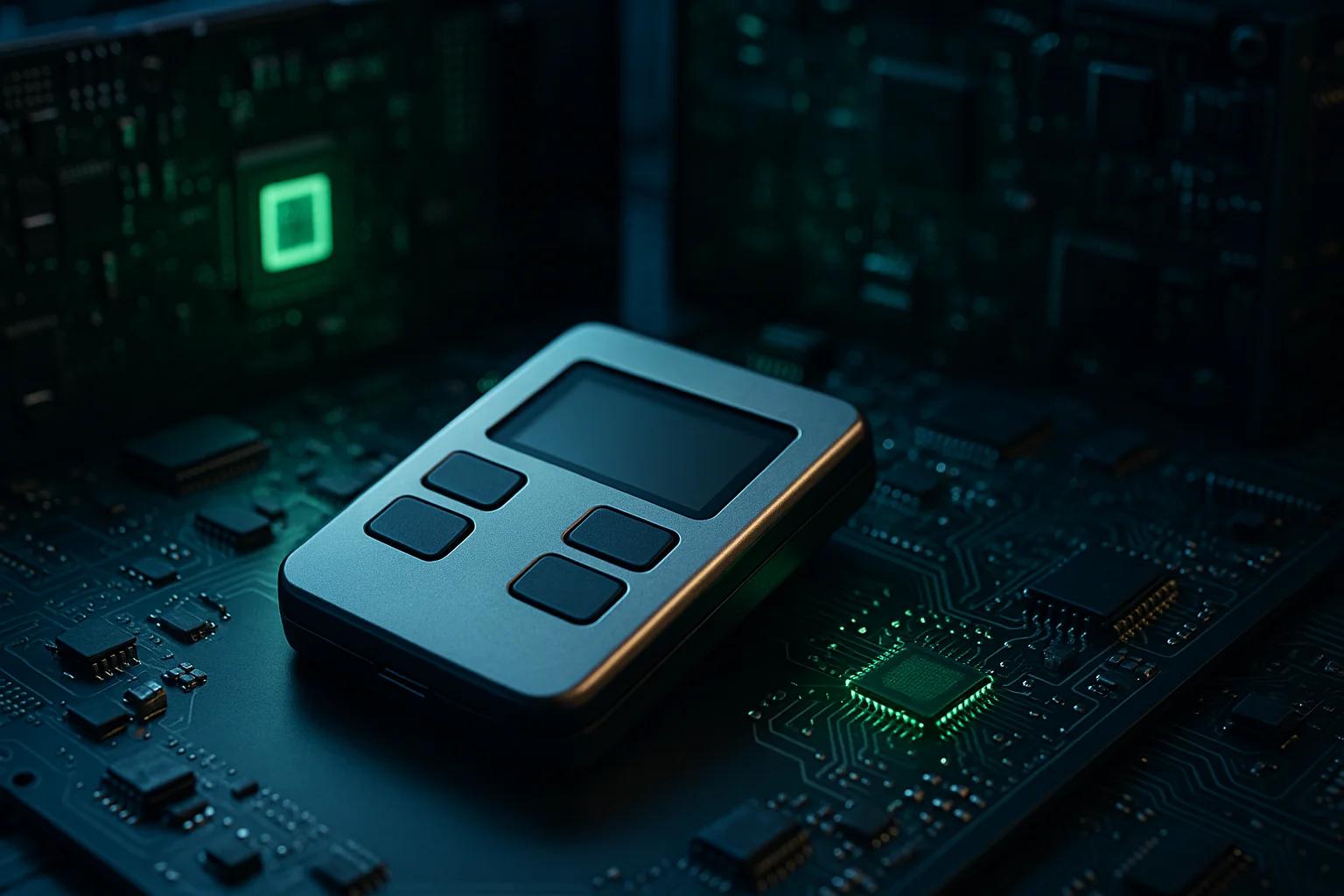 A sleek device with buttons on a circuit board