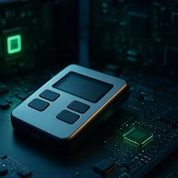 A sleek device with buttons on a circuit board
