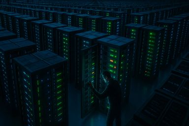 A dimly lit data center filled with server racks