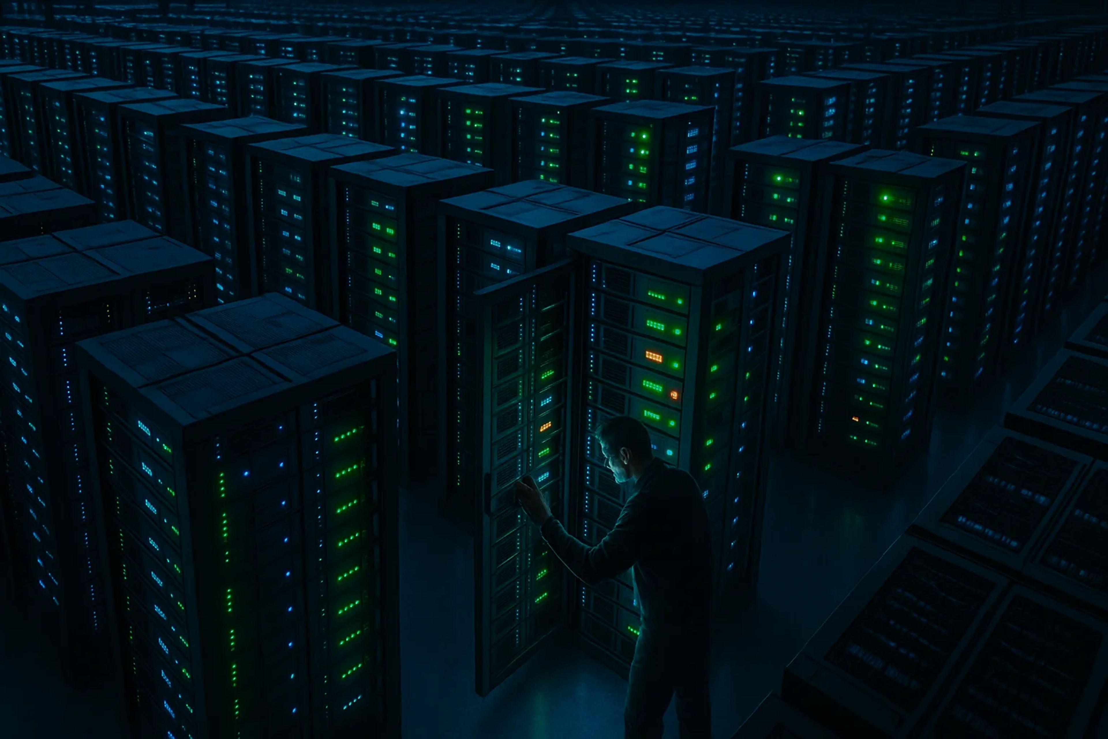 A dimly lit data center filled with server racks