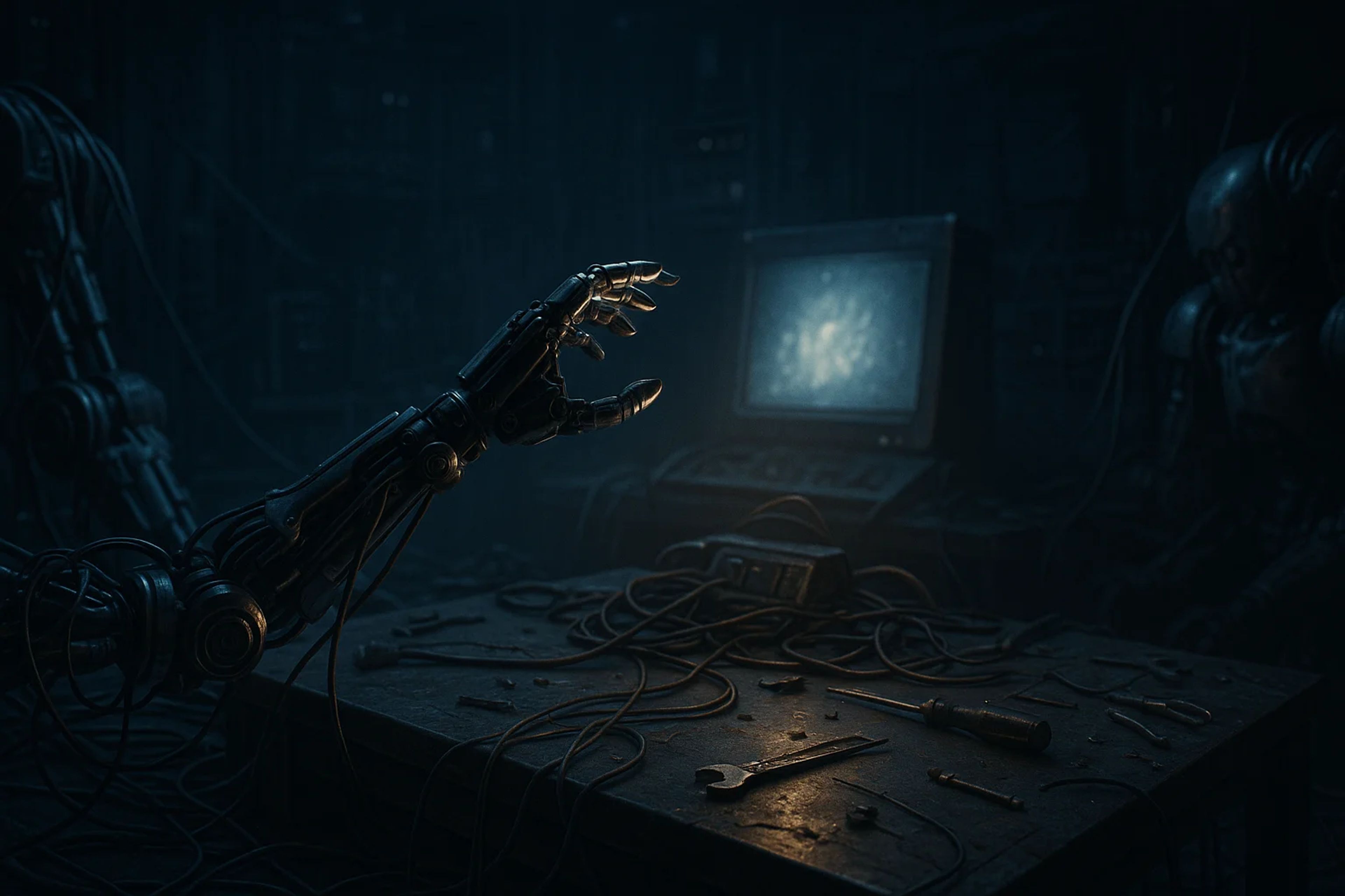 A robotic arm reaches toward a glowing screen on