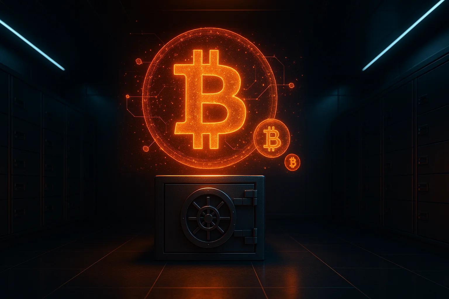 A dark room with a glowing orange Bitcoin symbol