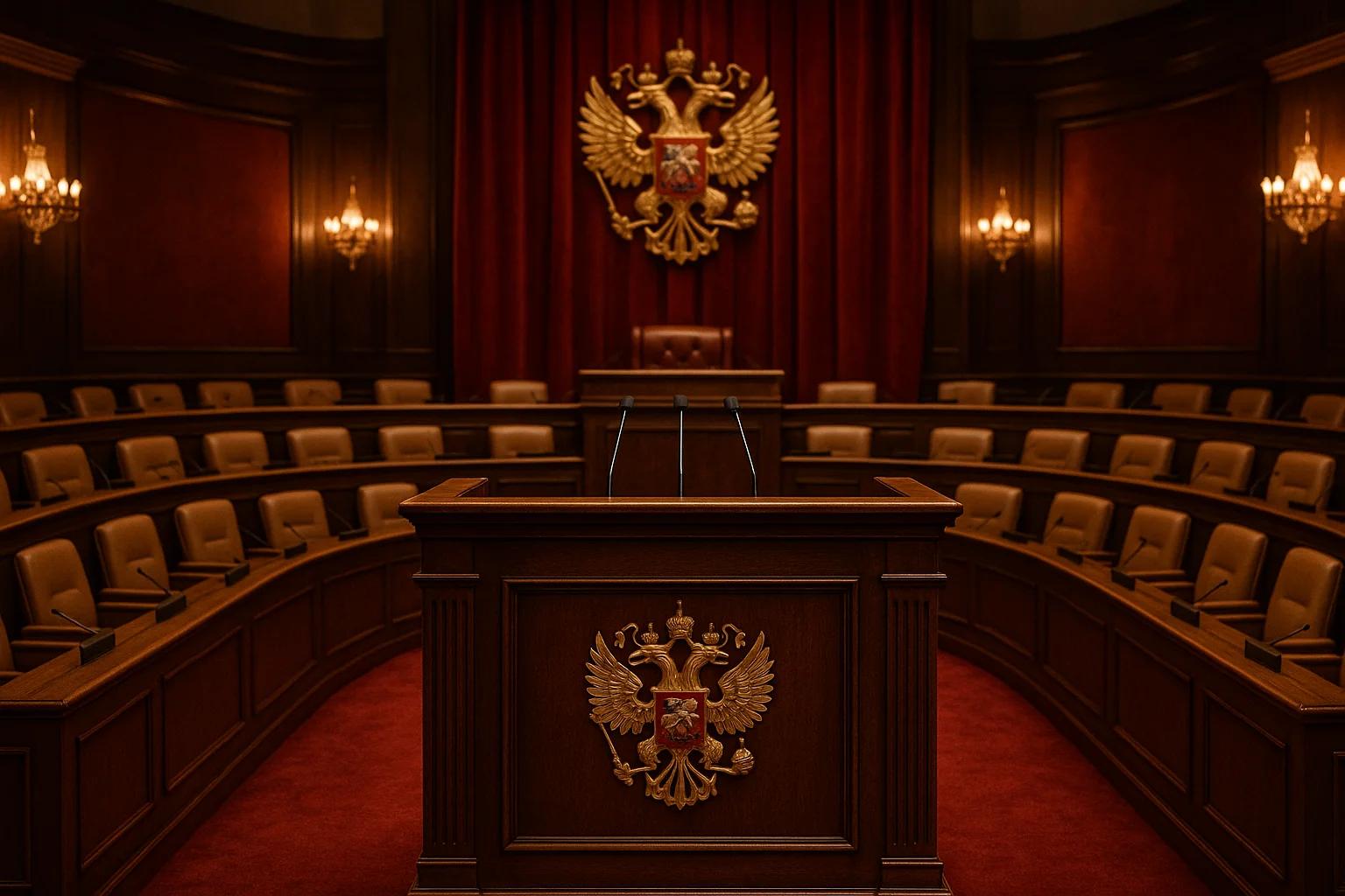Wooden podium in a grand, red-draped courtroom