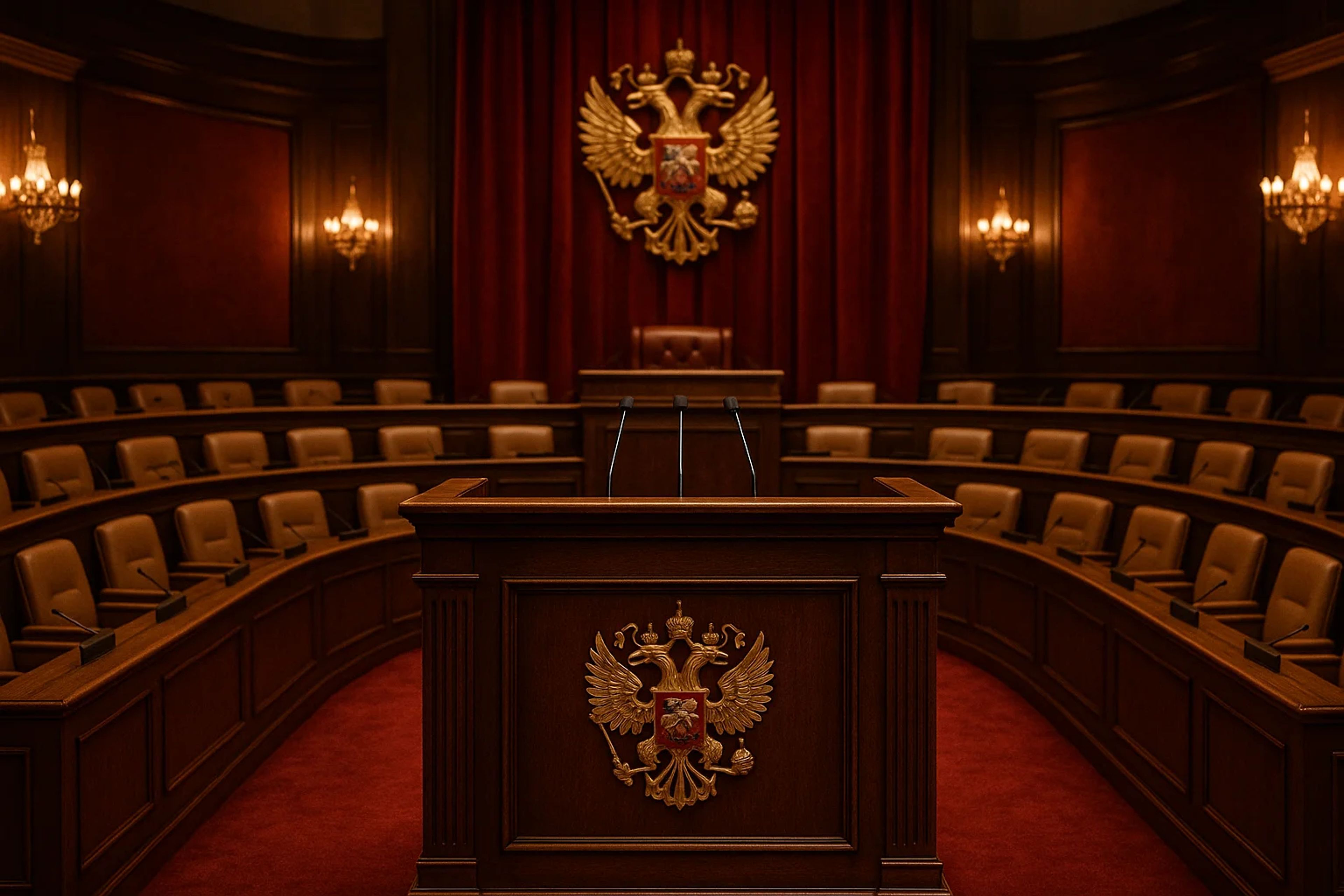 Wooden podium in a grand, red-draped courtroom
