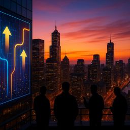 Silhouetted figures against a city skyline at