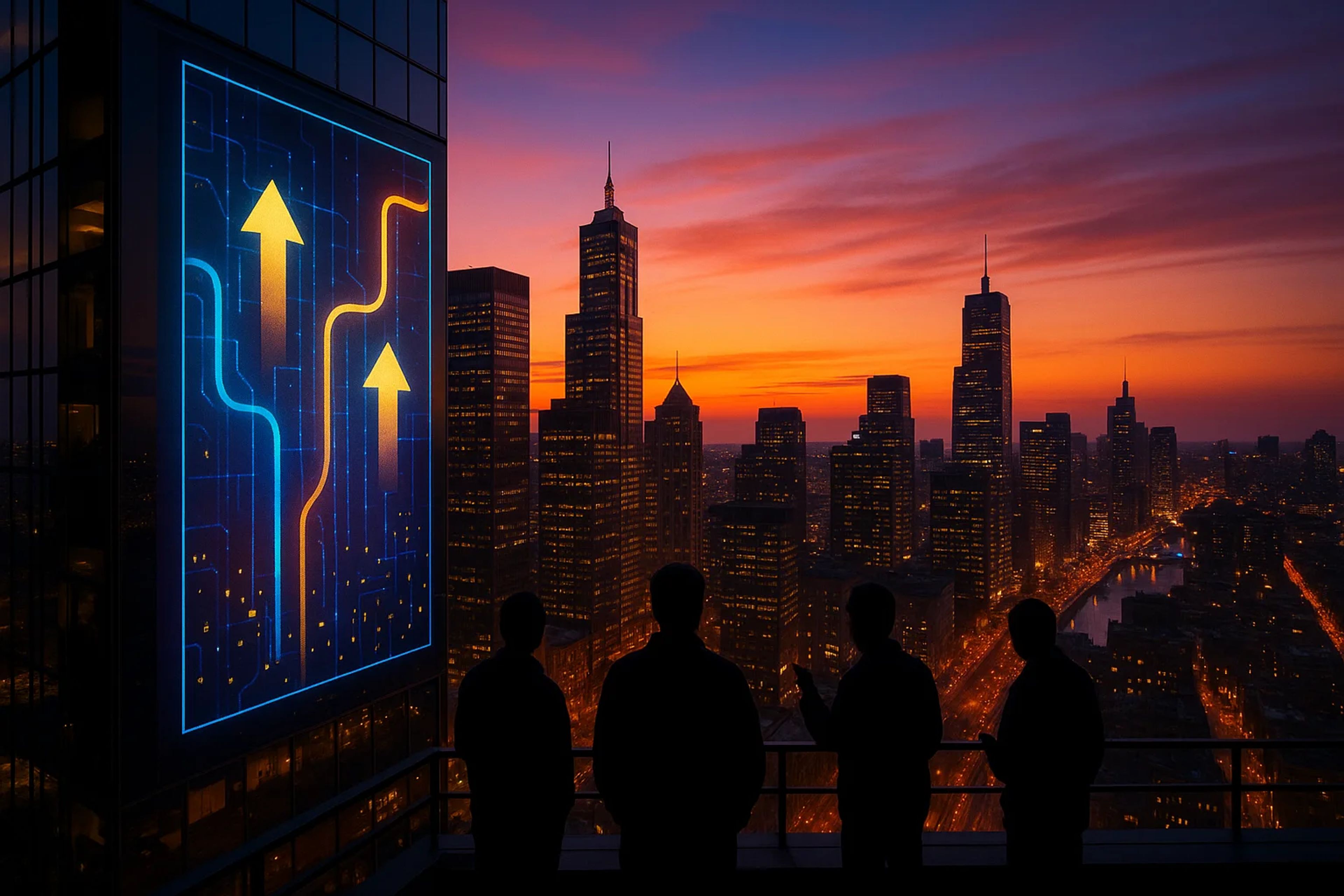 Silhouetted figures against a city skyline at