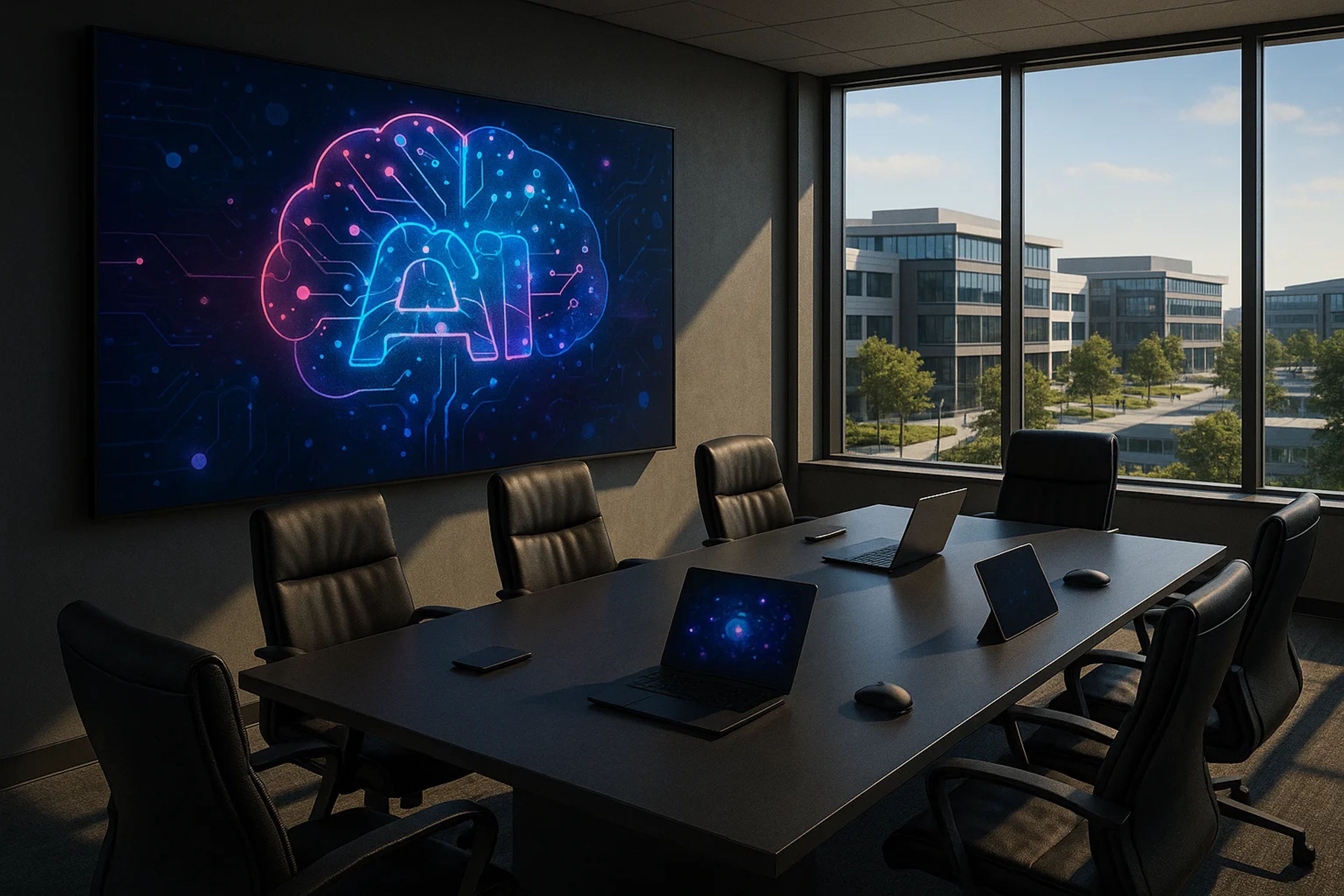 Modern conference room with a large digital screen