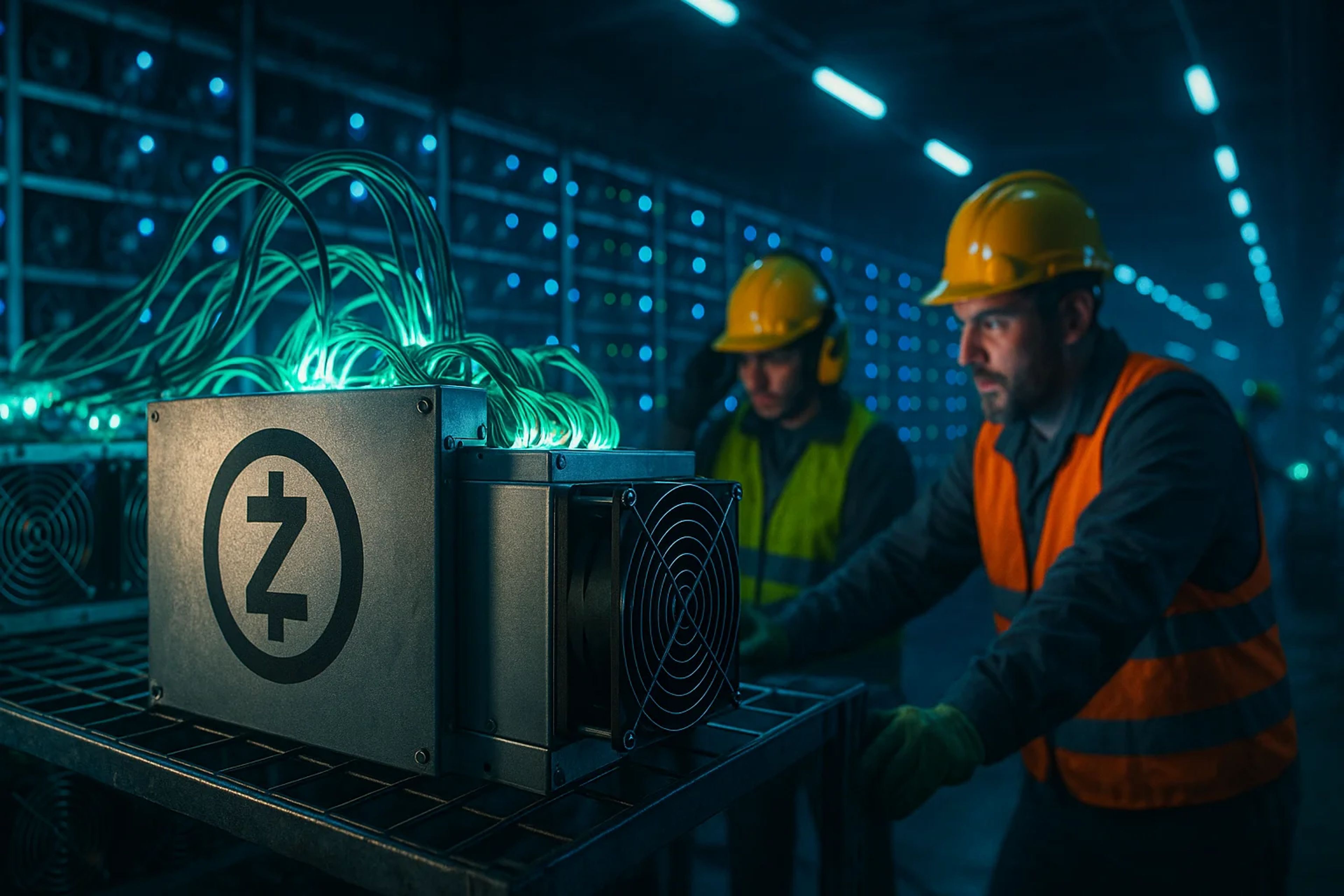 Two workers in hard hats operate mining equipment