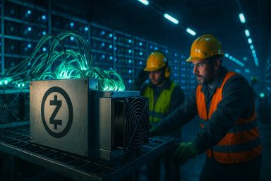 Two workers in hard hats operate mining equipment