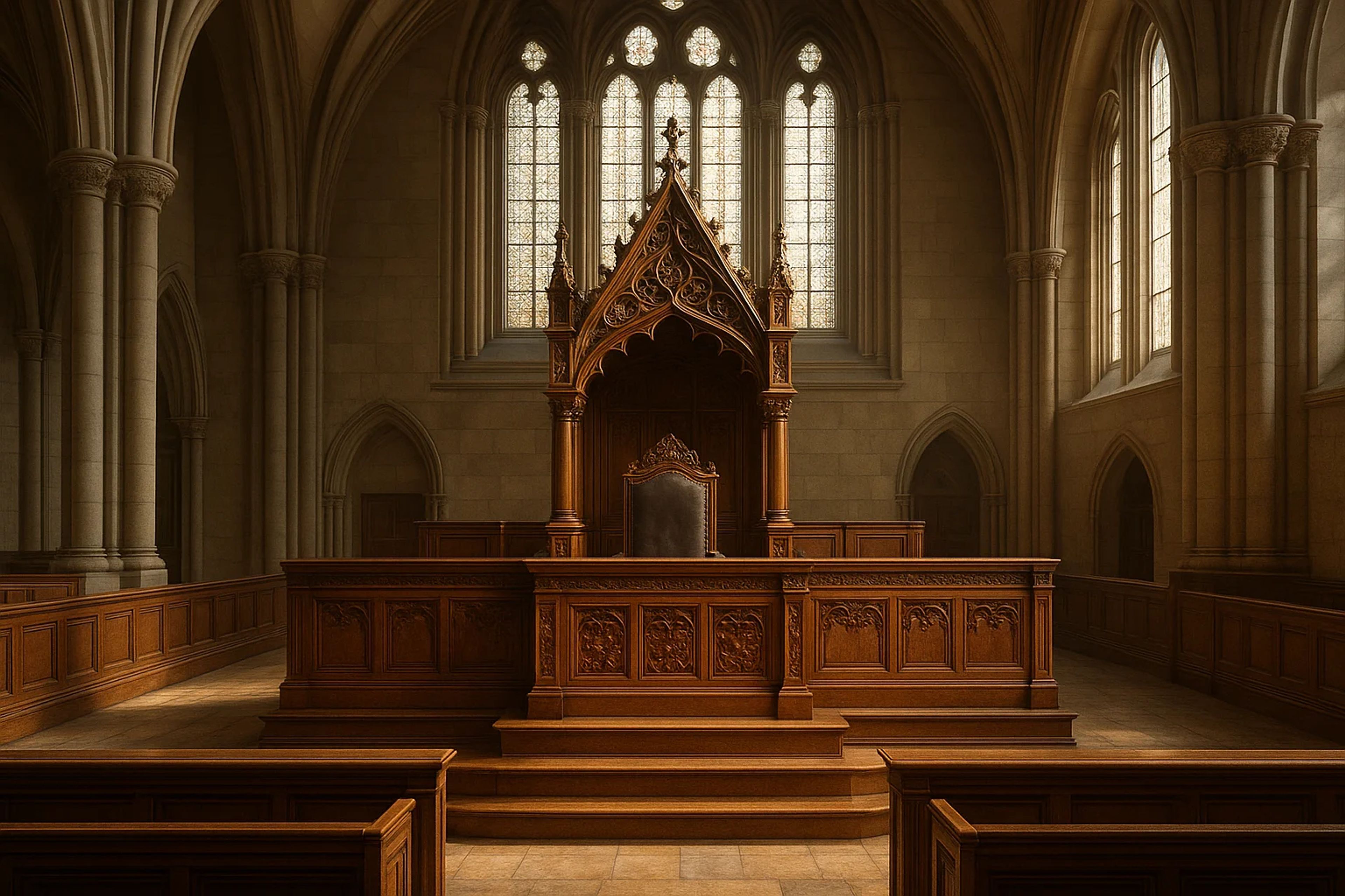 Ornate wooden judge's bench in a grand hall