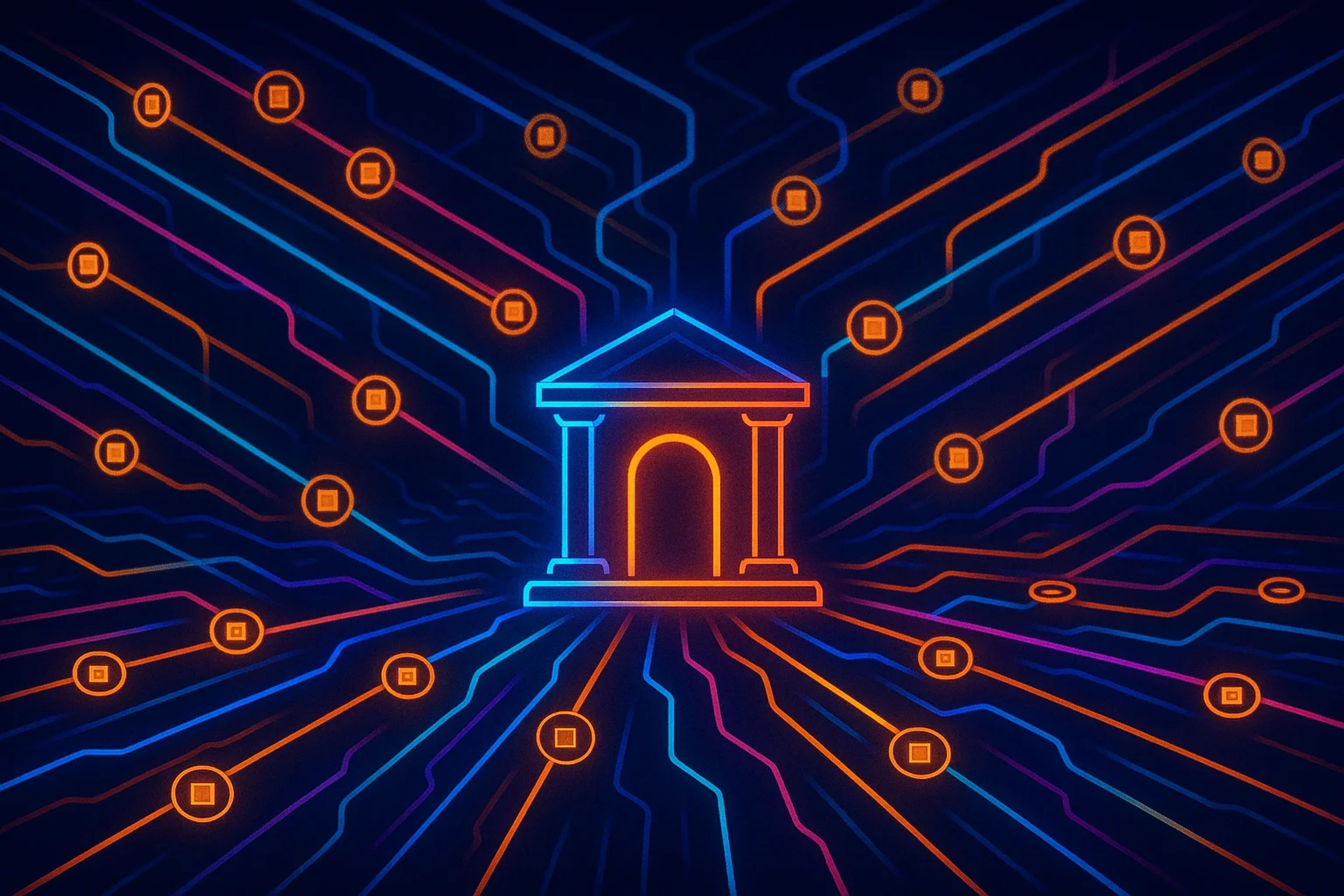 A glowing structure surrounded by colorful
