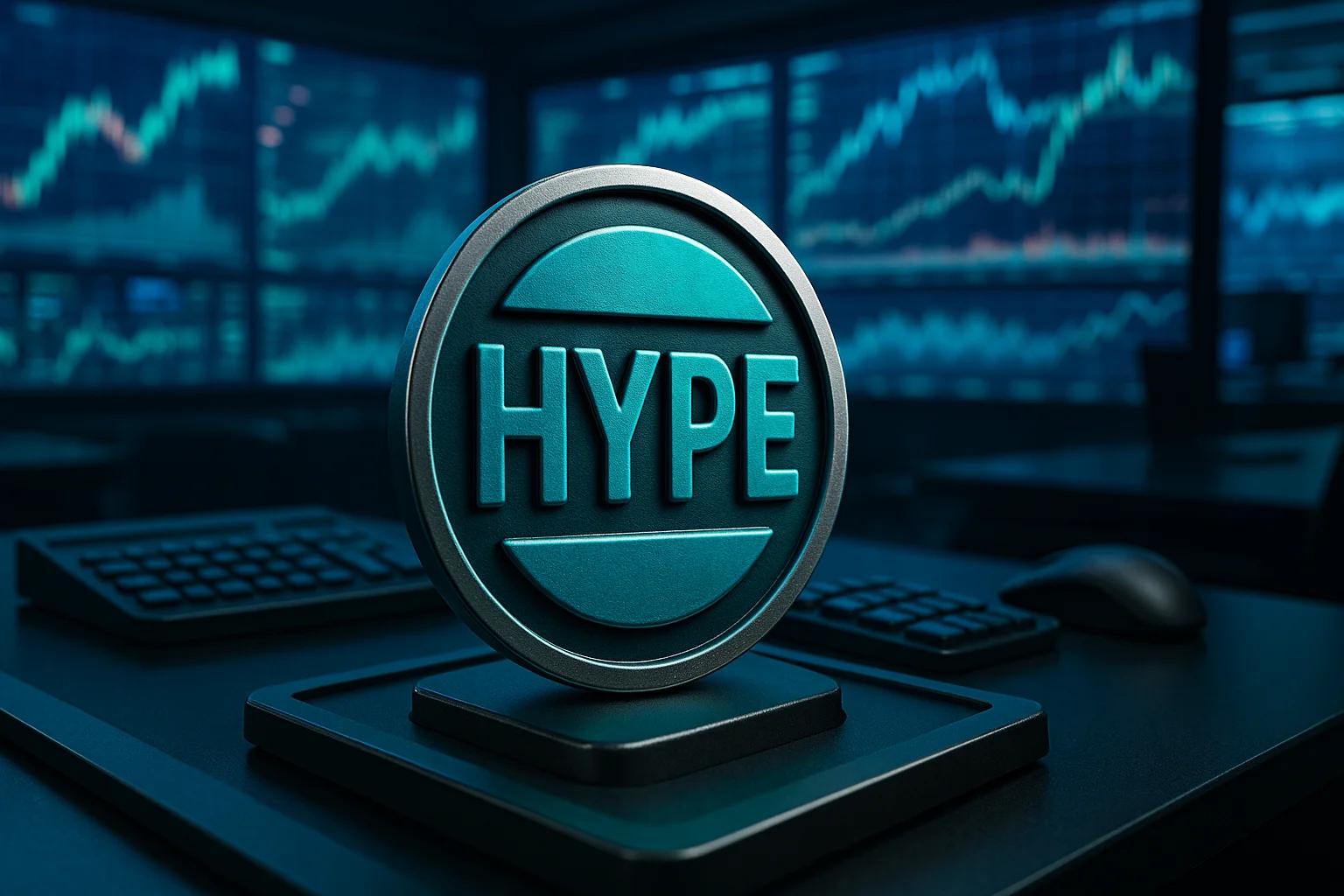A teal 3D coin with the word 'HYPE' on it, set on
