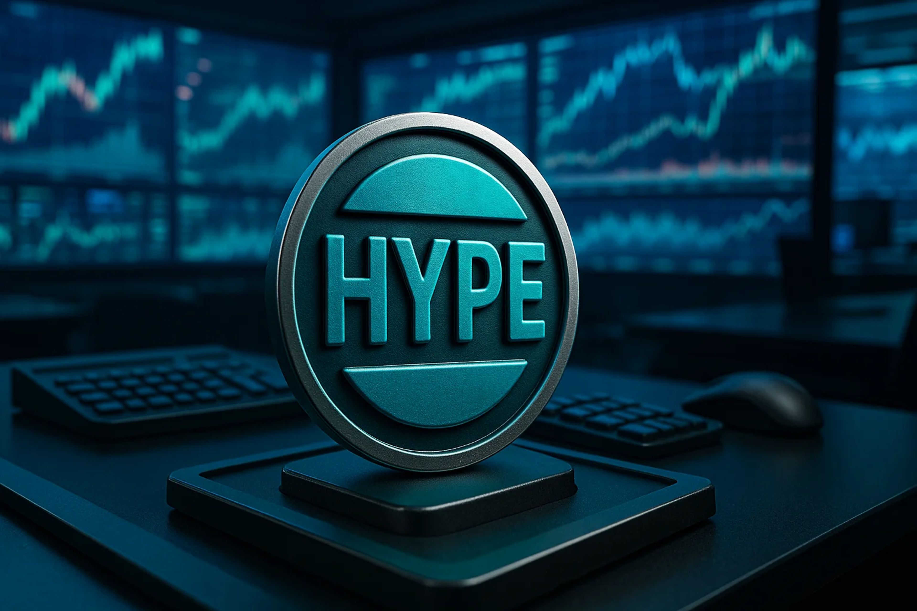A teal 3D coin with the word 'HYPE' on it, set on