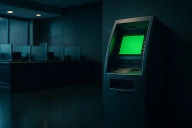 Dimly lit bank interior with an ATM