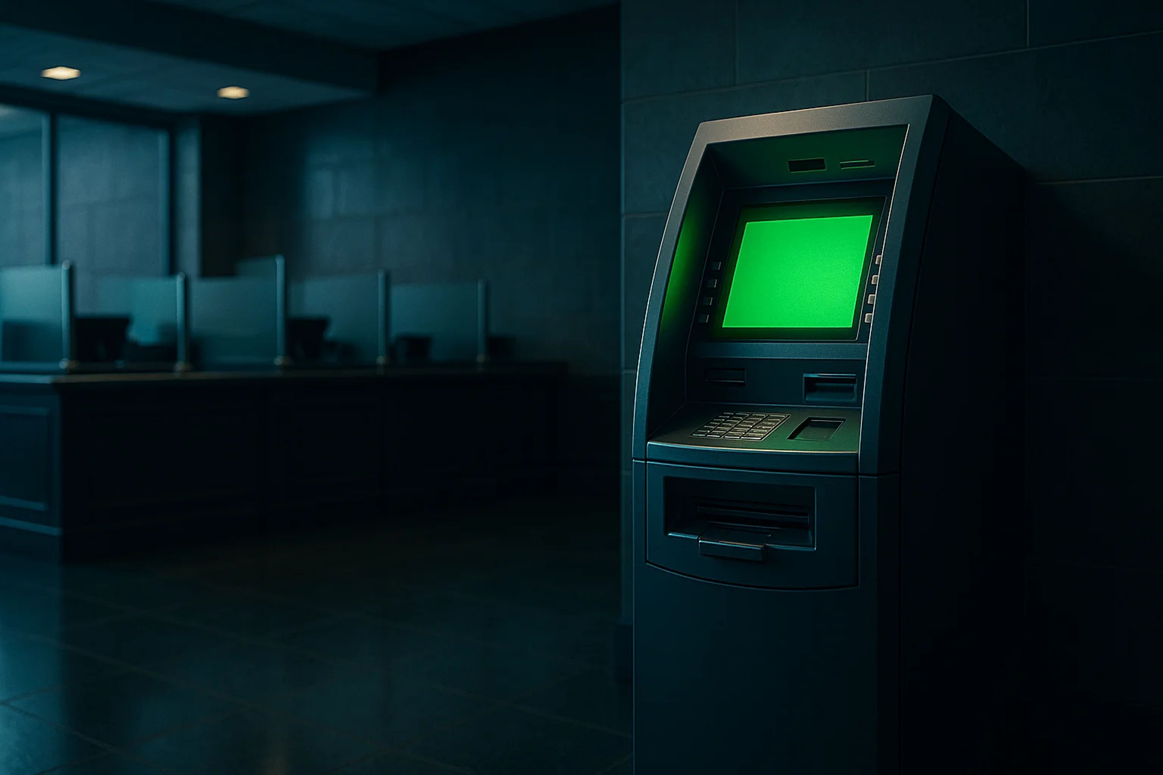Dimly lit bank interior with an ATM