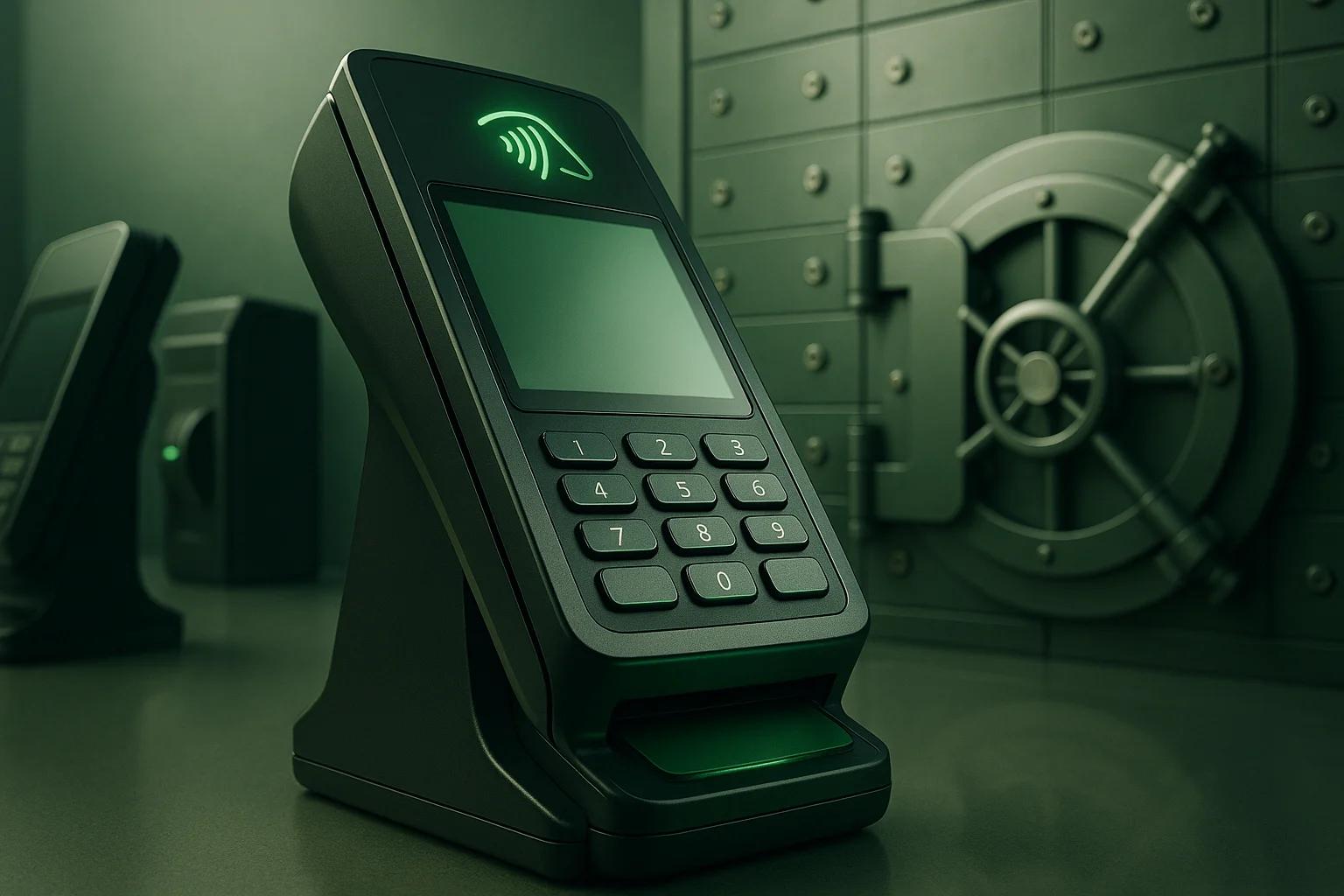 A green-lit payment terminal in a vault setting