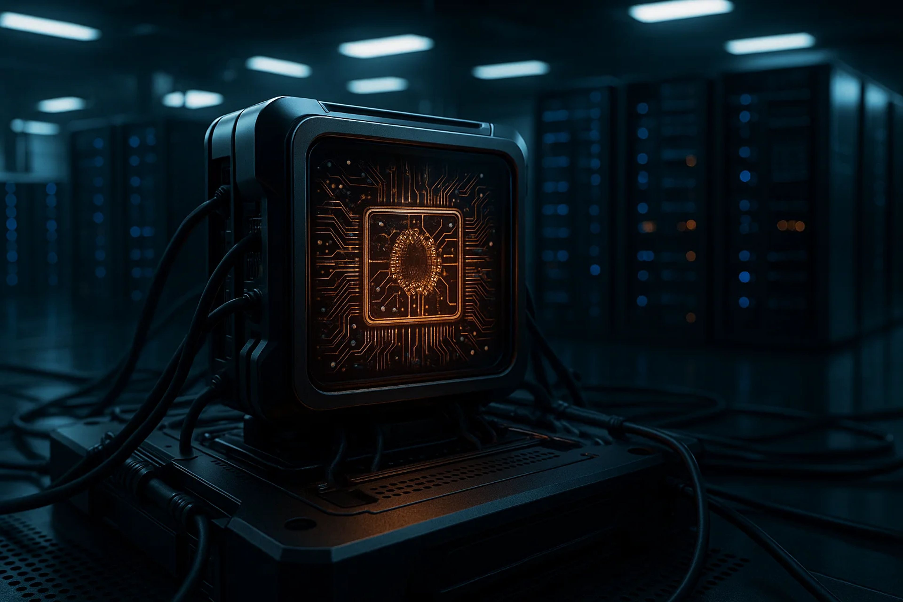 A glowing microchip surrounded by cables in a