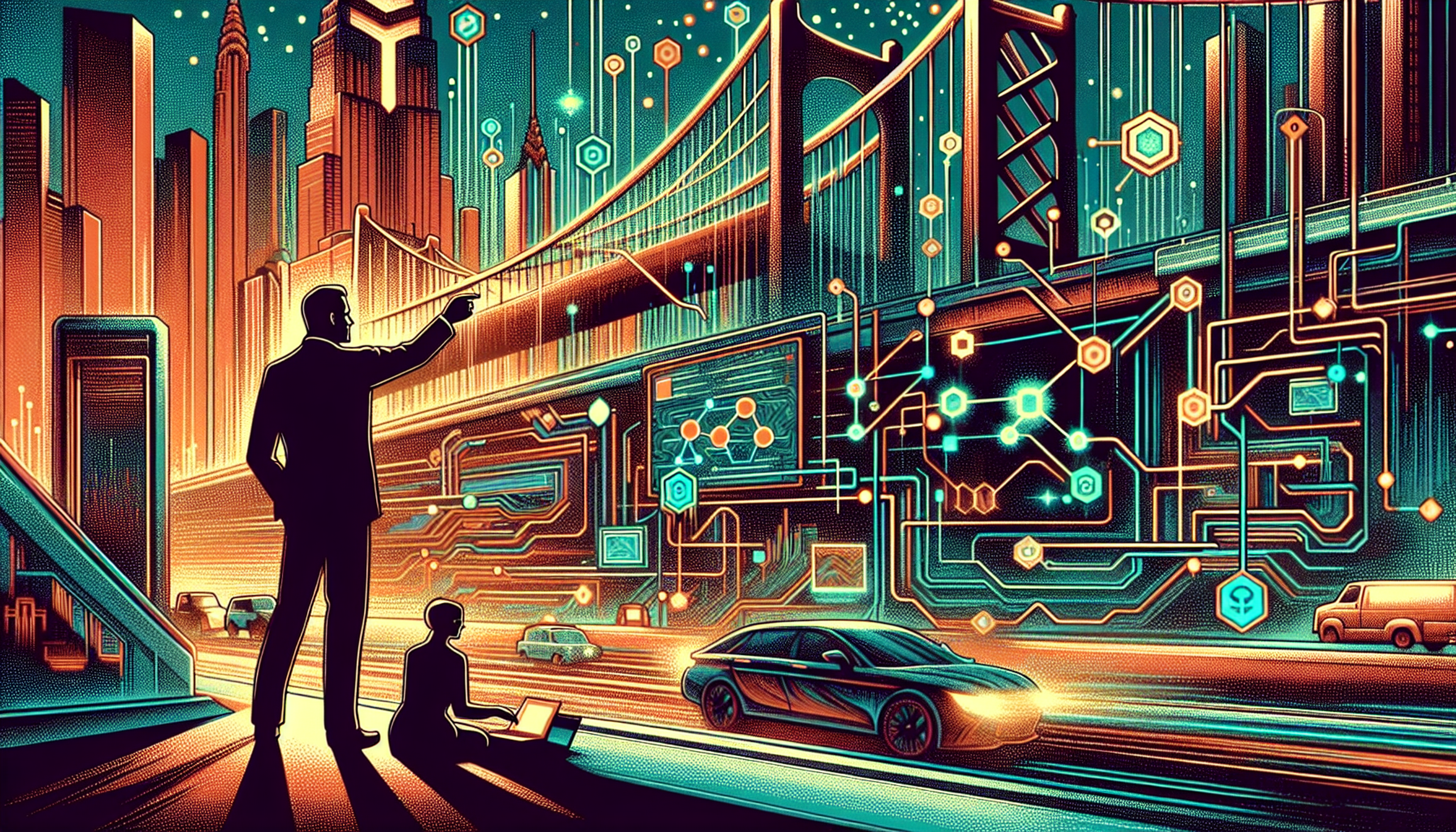 Silhouetted figures in a futuristic cityscape