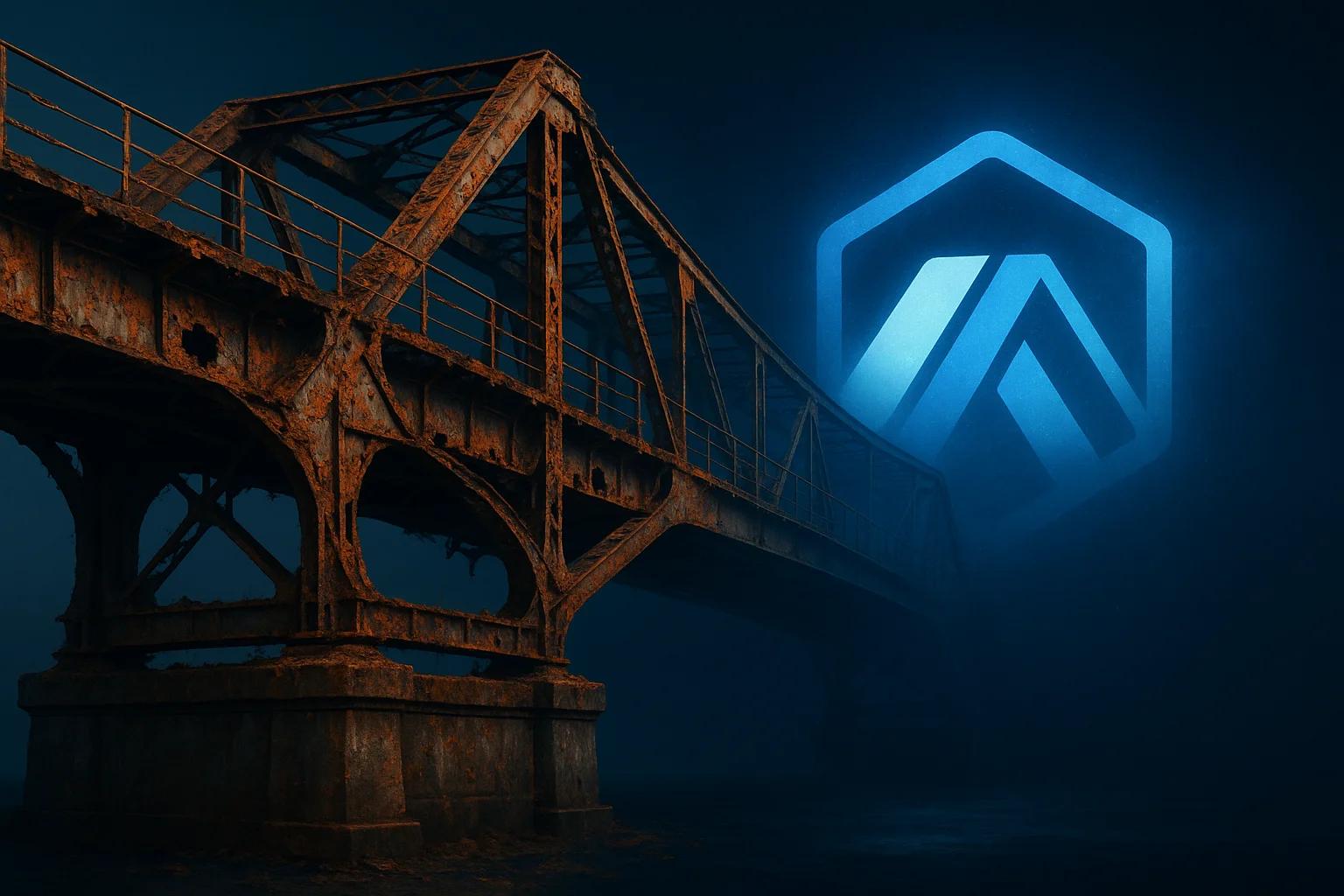 Rusty bridge under a dark, moody sky