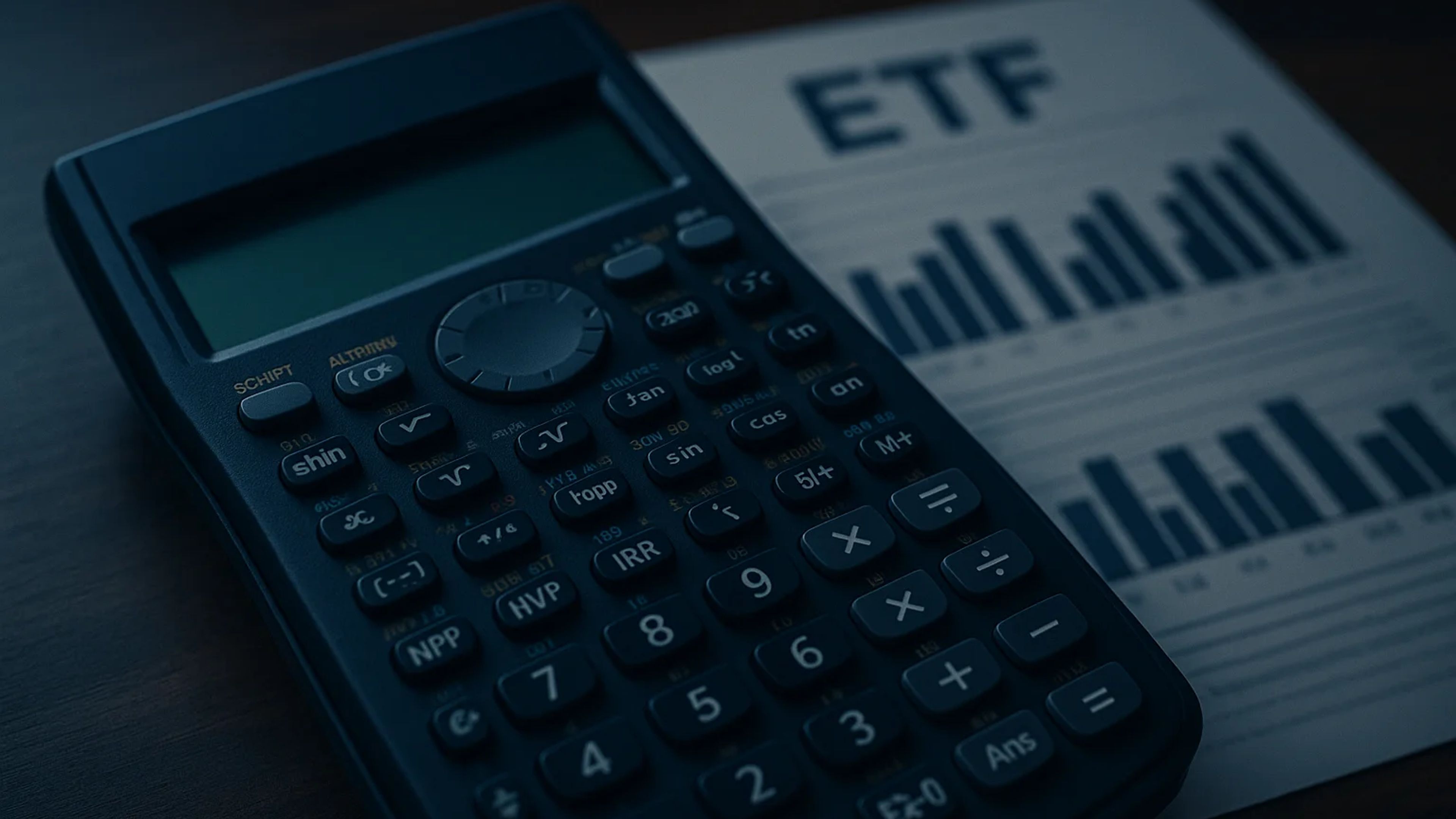 A calculator placed on a wooden surface next to a