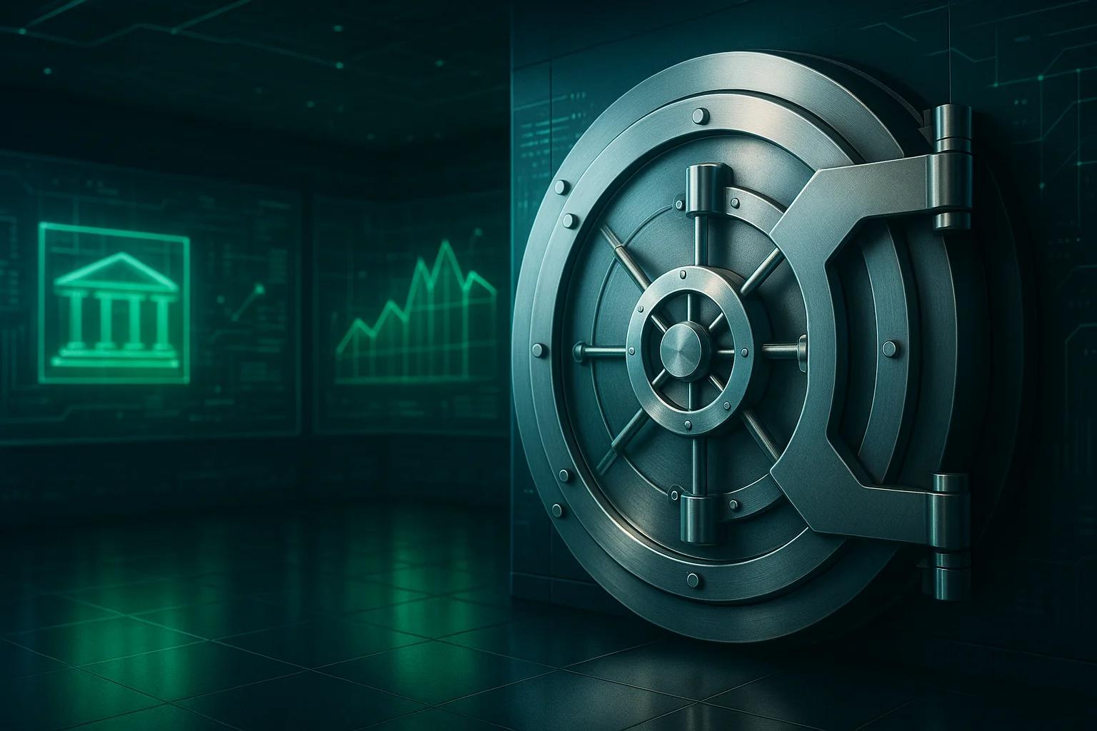 Large metallic vault door in a dimly lit room