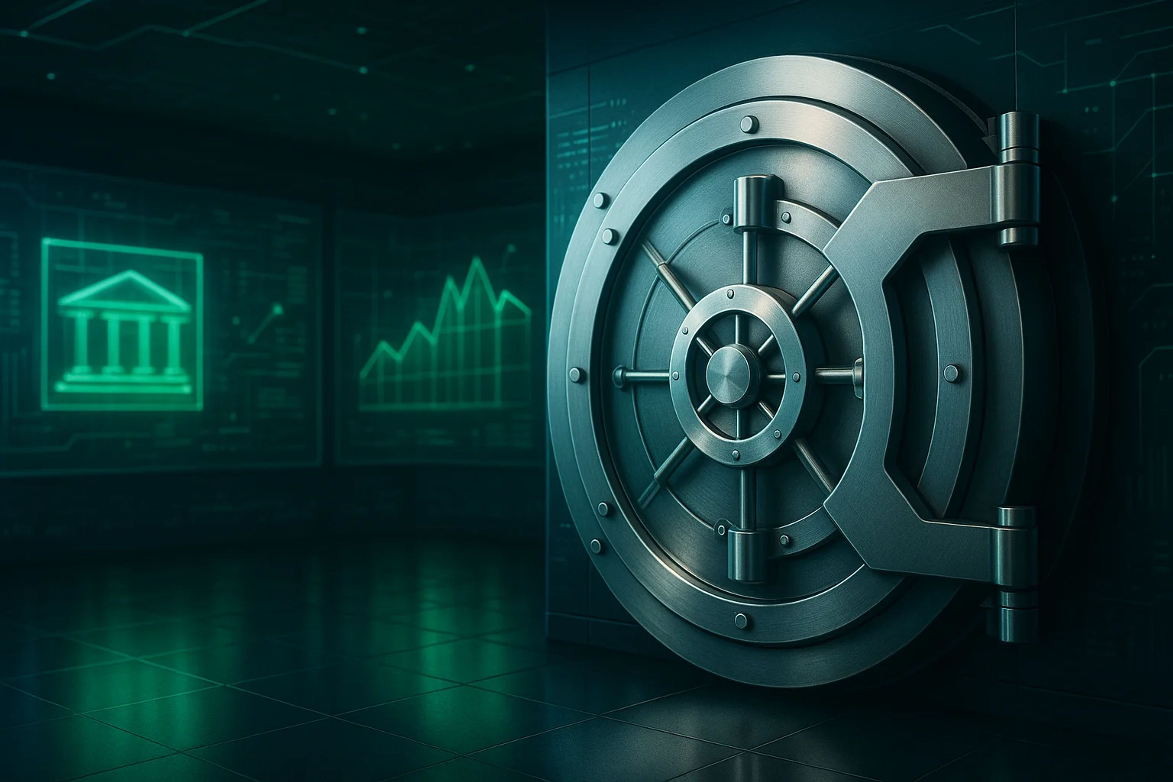 Large metallic vault door in a dimly lit room