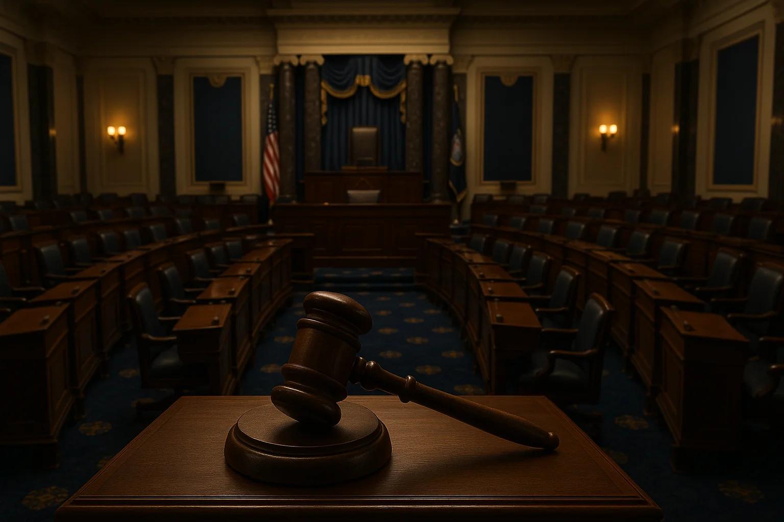 Wooden gavel on a podium in a dimly lit courtroom