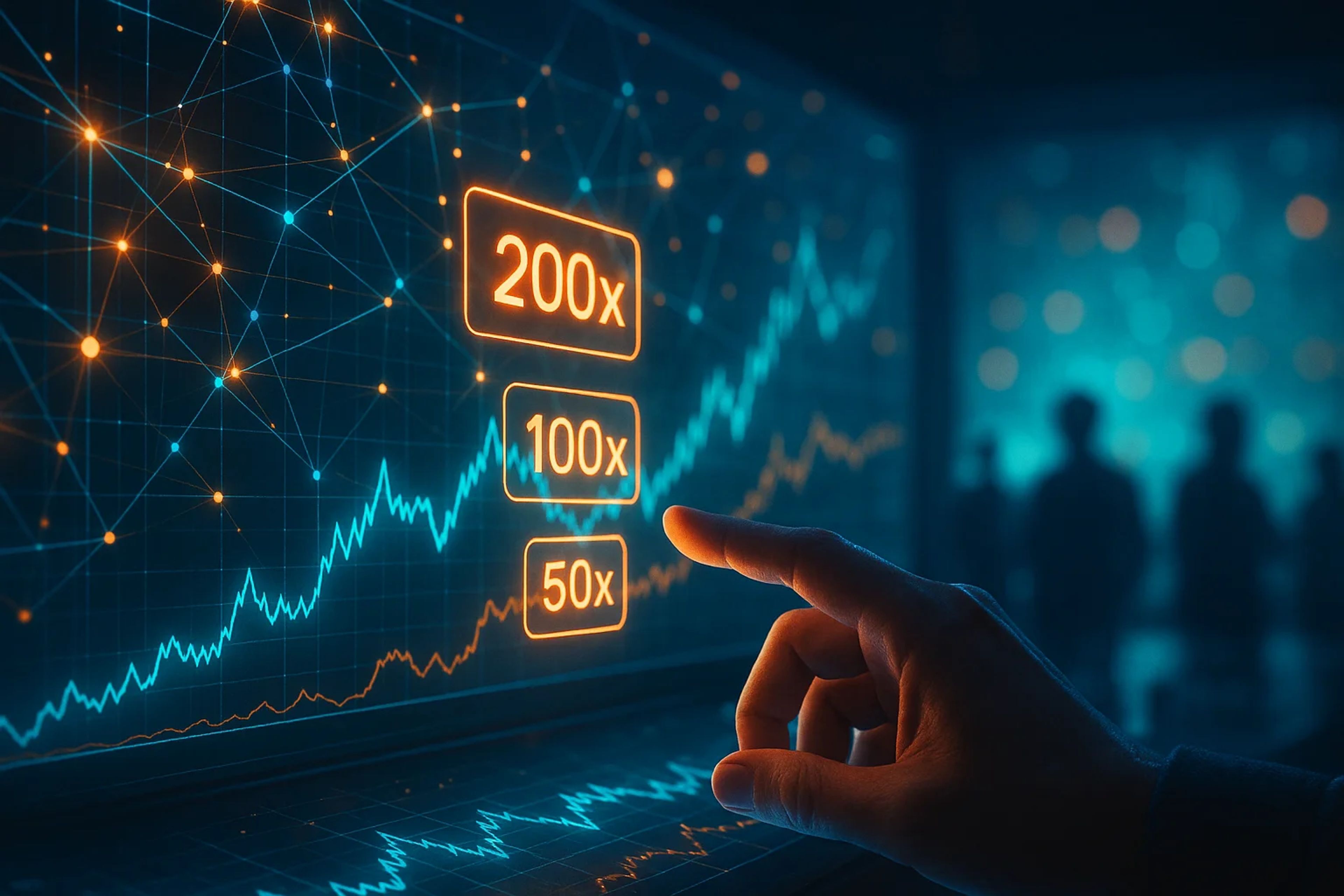 A hand pointing at a digital screen with graphs