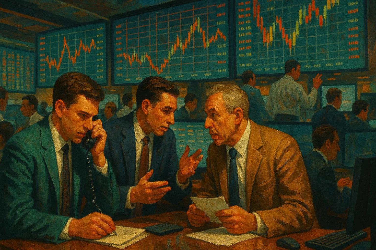 Three men in suits discussing stock market data