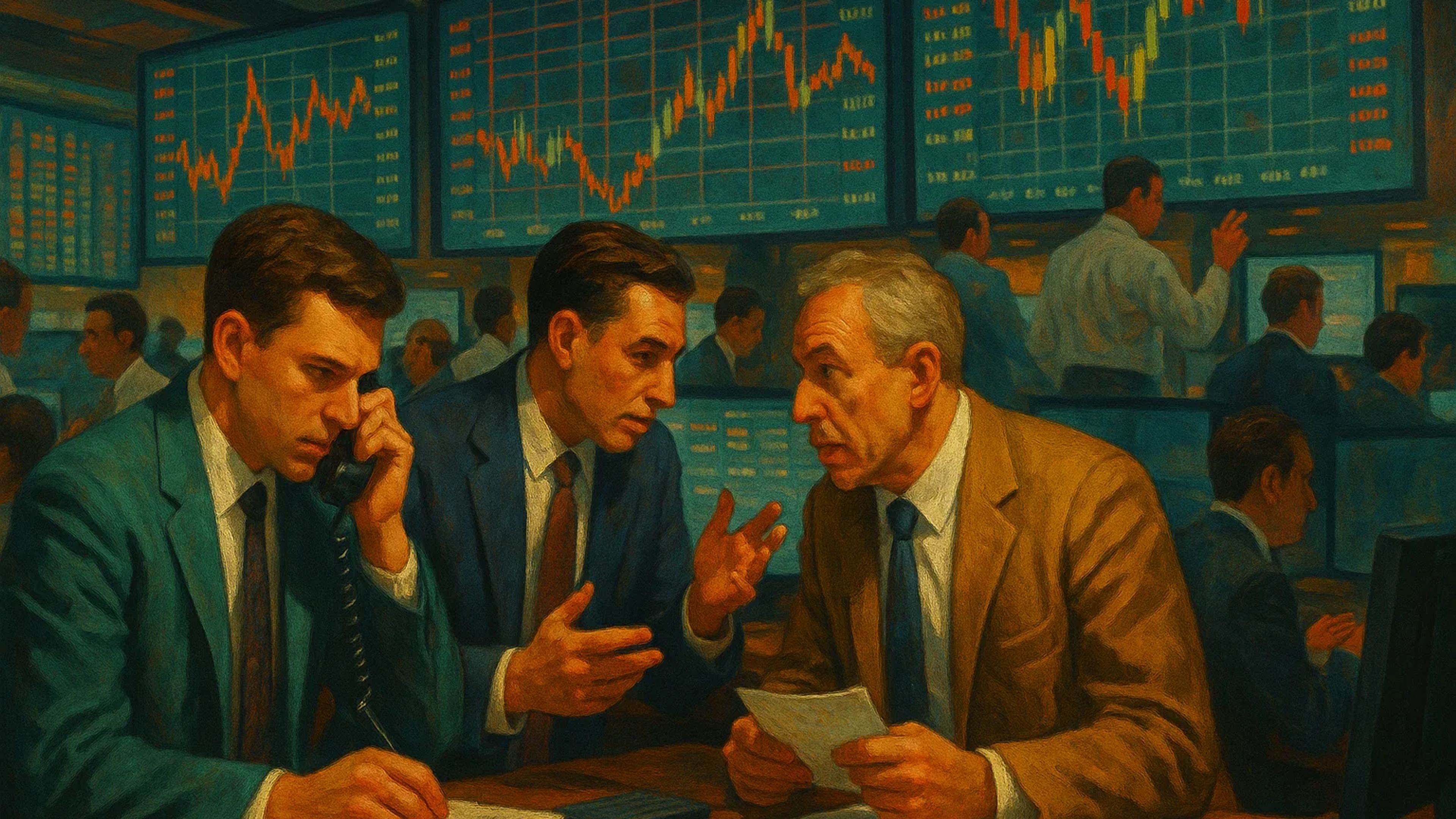 Three men in suits discussing stock market data