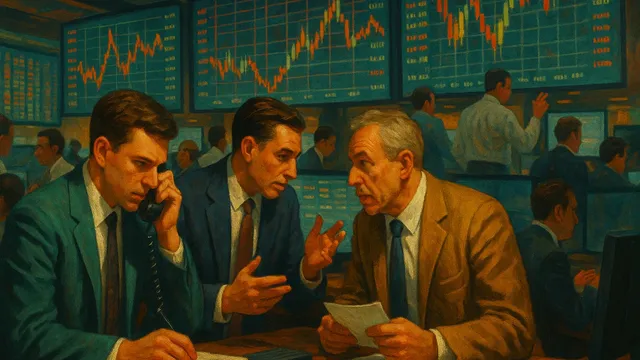 Three men in suits discussing stock market data